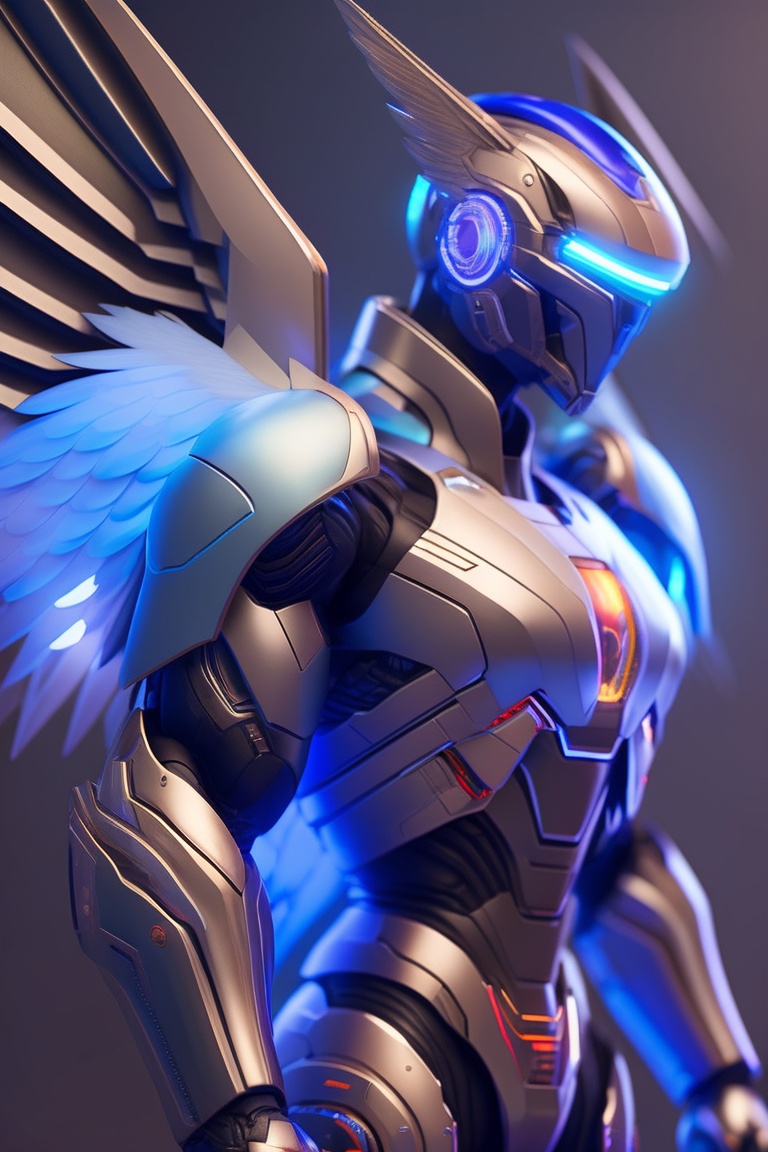 Lexica - Cyborg rebotic angel, menacing pose, metallic, neon blue wings ...