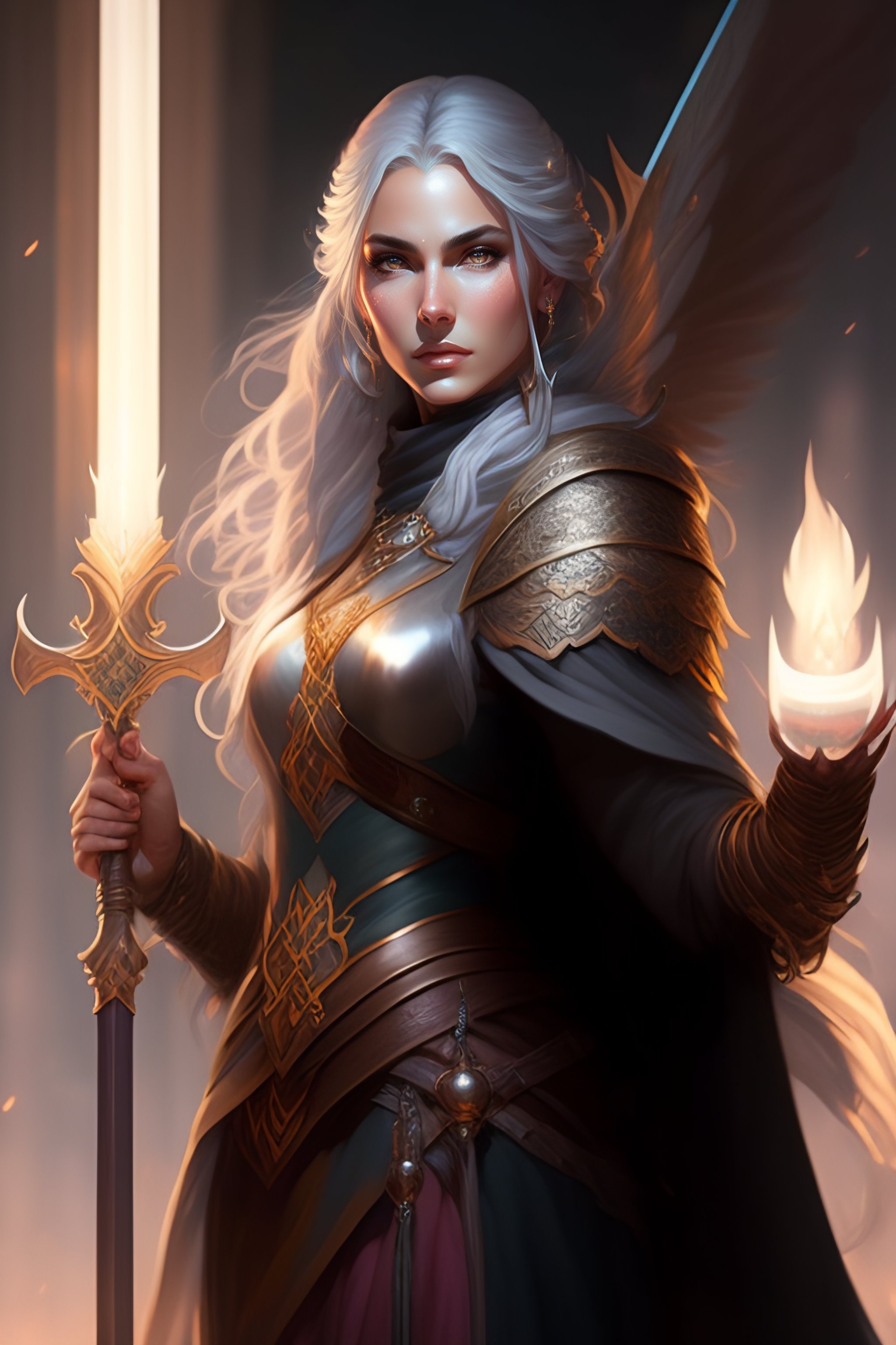 Lexica Female Cleric In Center Dnd Fantasy Gray Hair Holding Sword Dark Light Night