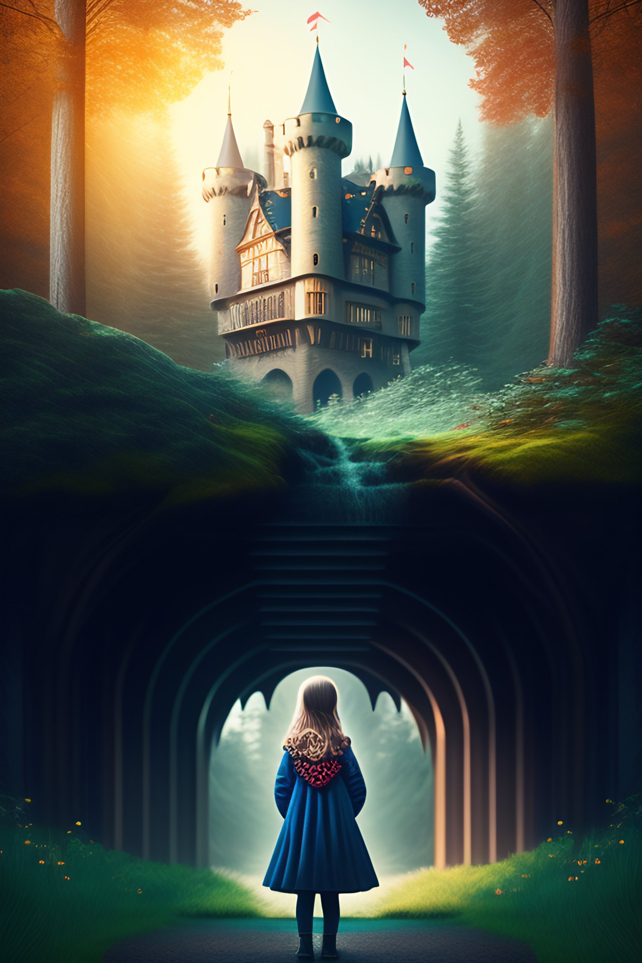 Lexica - A girl near a mysterious castle in front of the forest