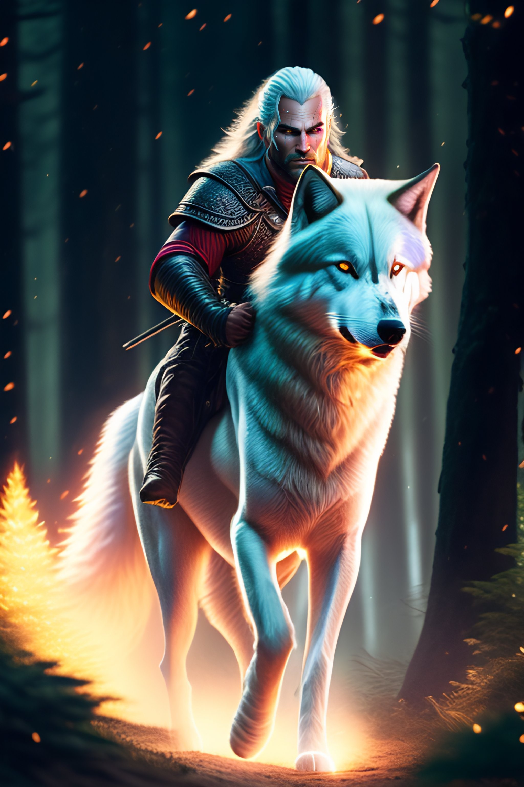 Lexica - Geralt of rivia,happy,white wolf,playing, forestduring the night