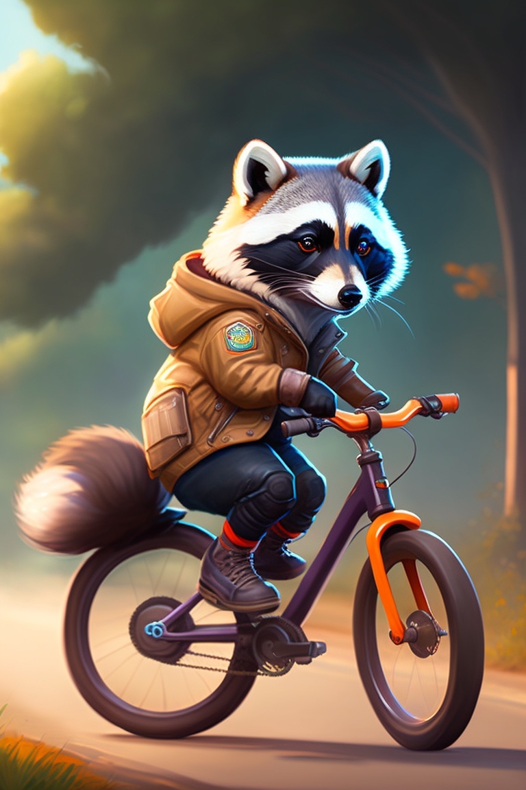 Lexica - Concept art, artstation style, raccoon on a bike, dressed on hoody