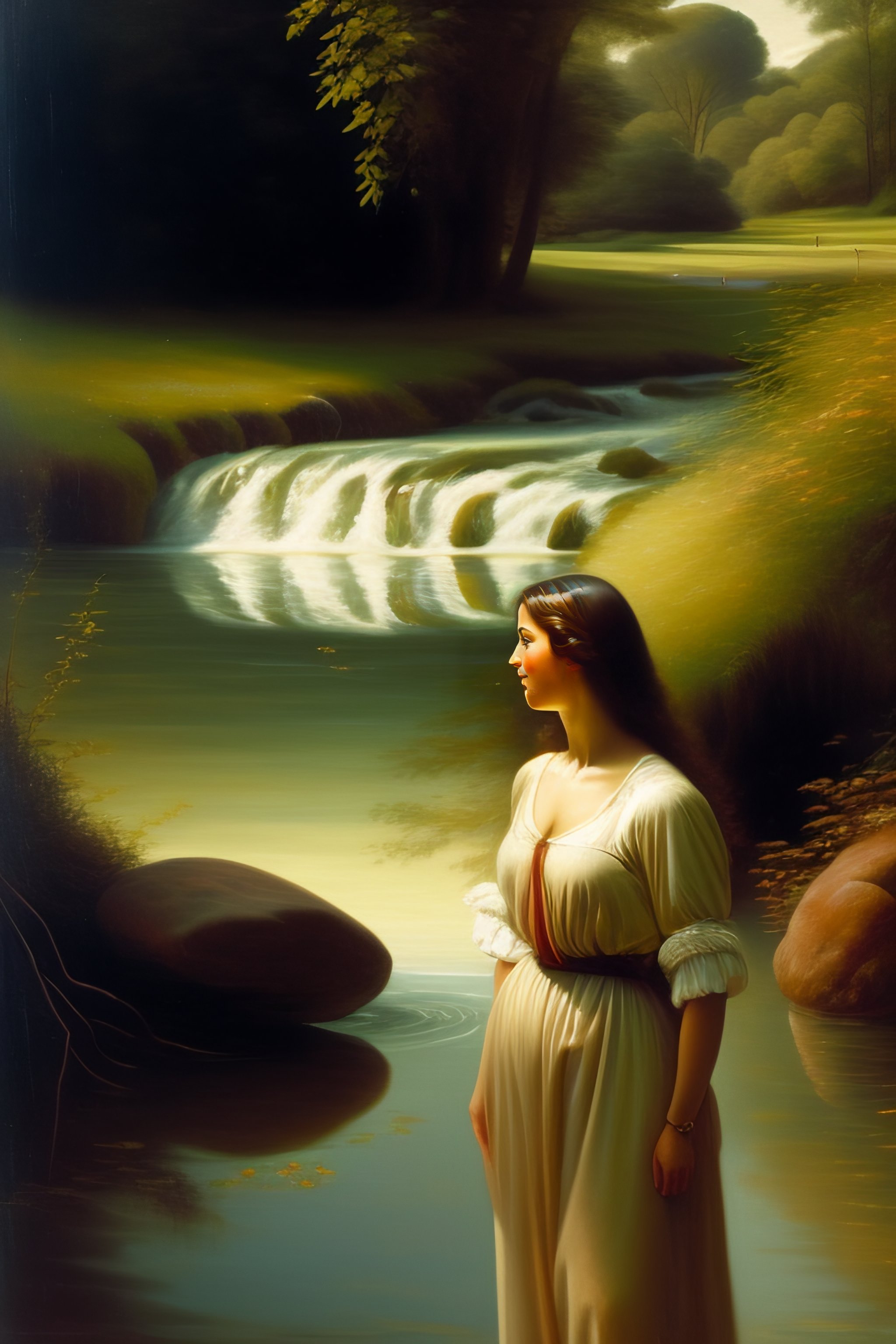 Lexica - A young woman facing the objective, with her feet in the water ...