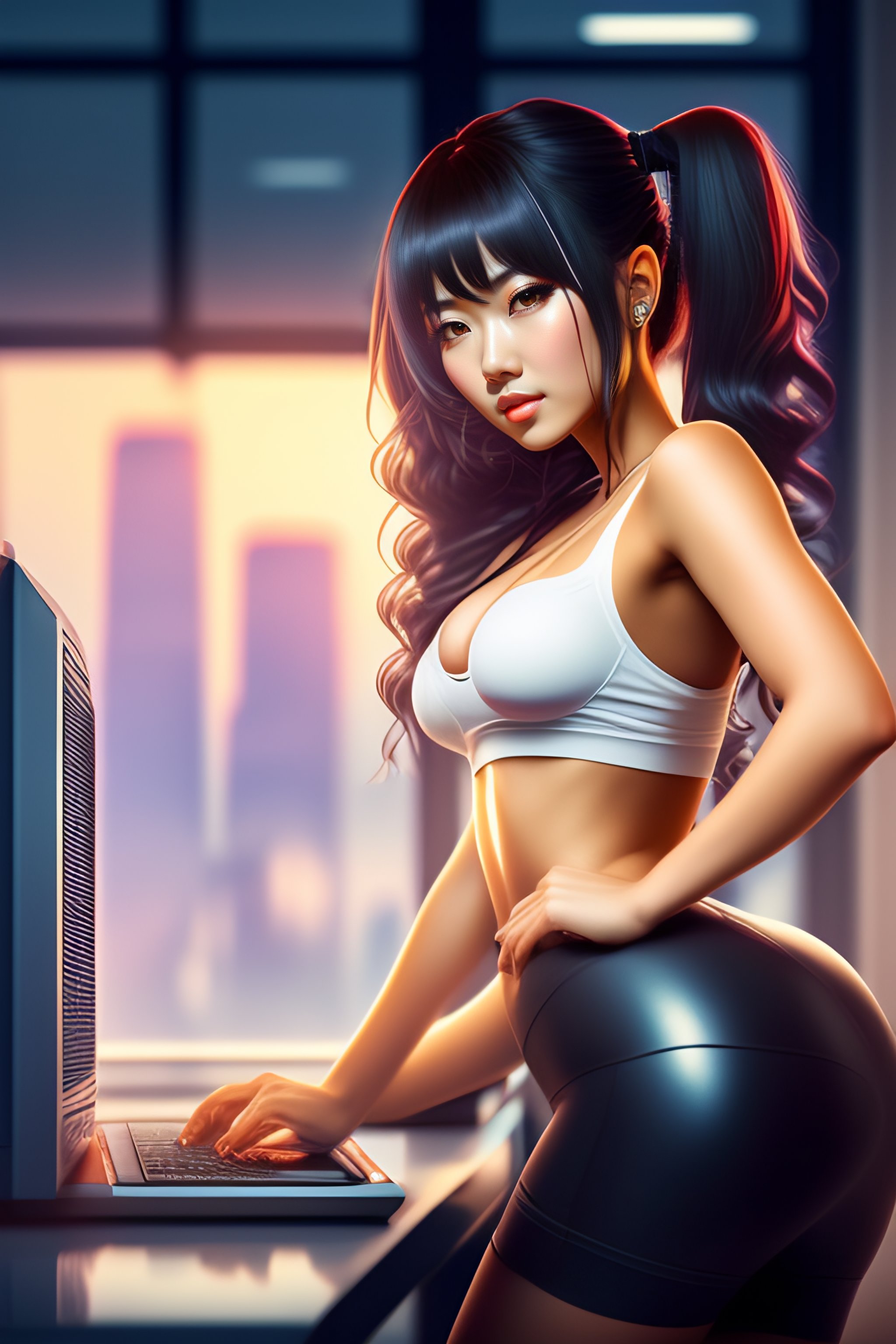 Lexica Sexy Anime Girl Working On Computer In Loft Skyline 