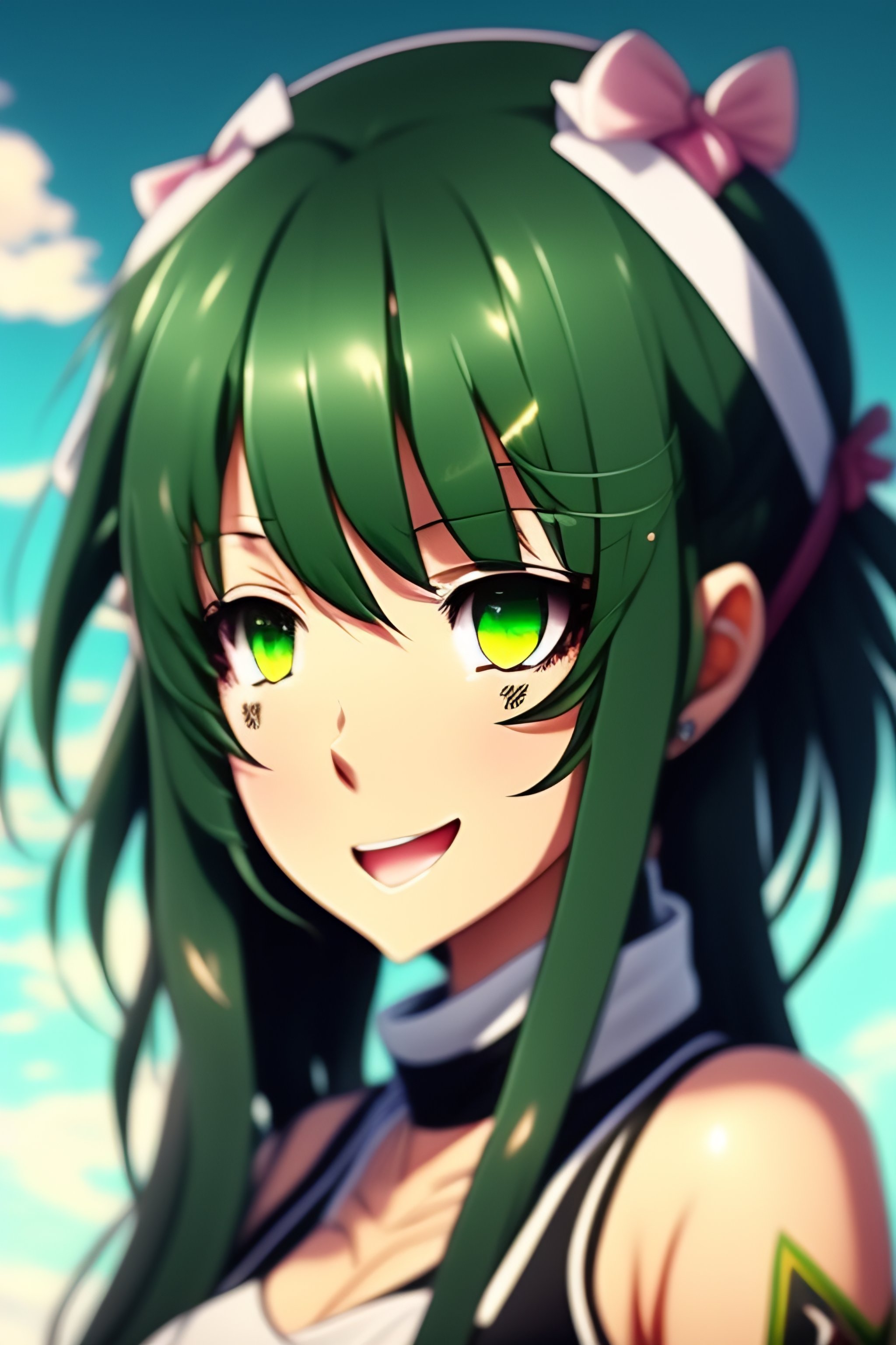 Lexica Cute Anime Girl Green Eyes Half Green Half Black Hair Ahoge Smile 