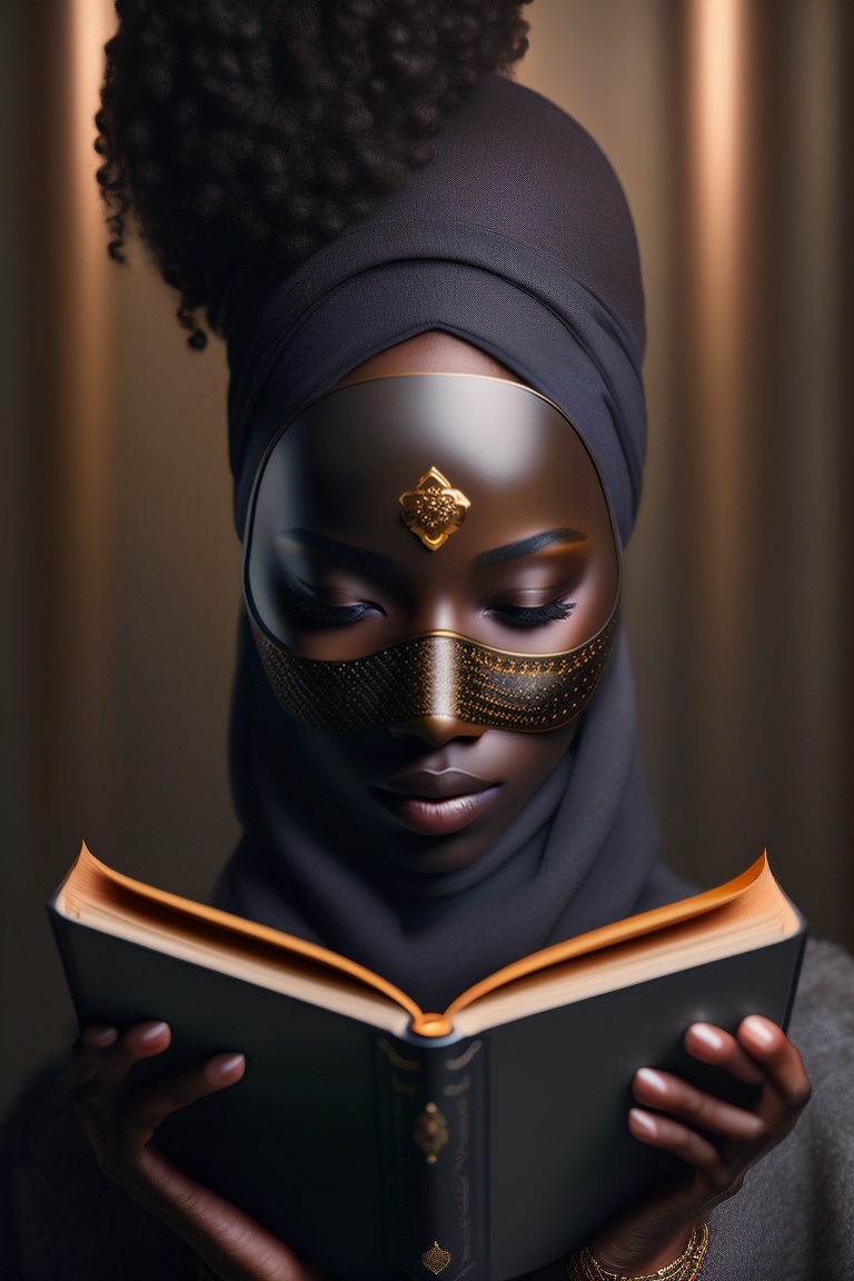 Lexica - Black mask over her eyes and a book in her hand, a scheming woman
