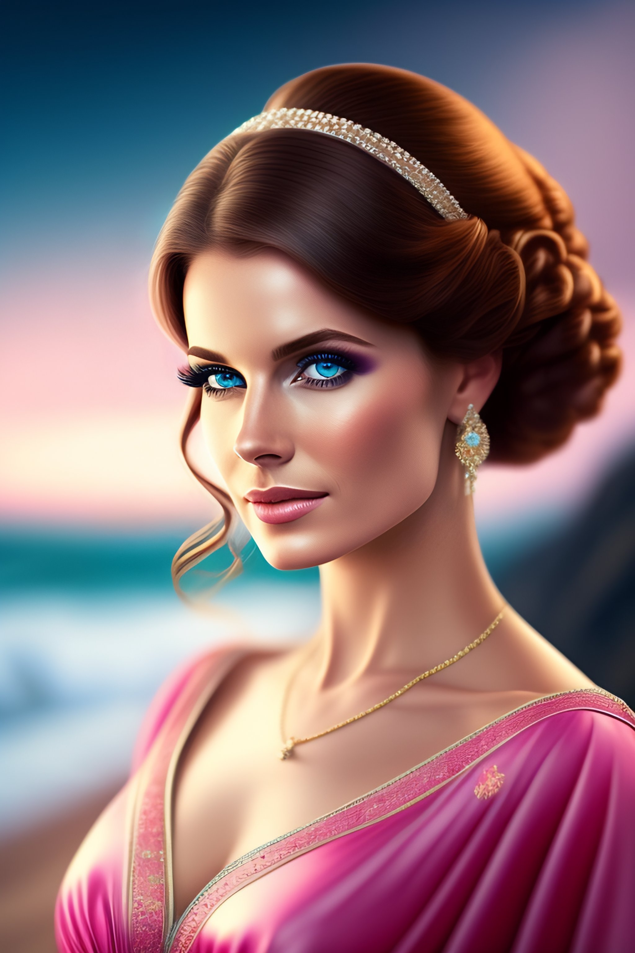 Lexica A lovely women in a pink dress brown hair blue eyes realistic