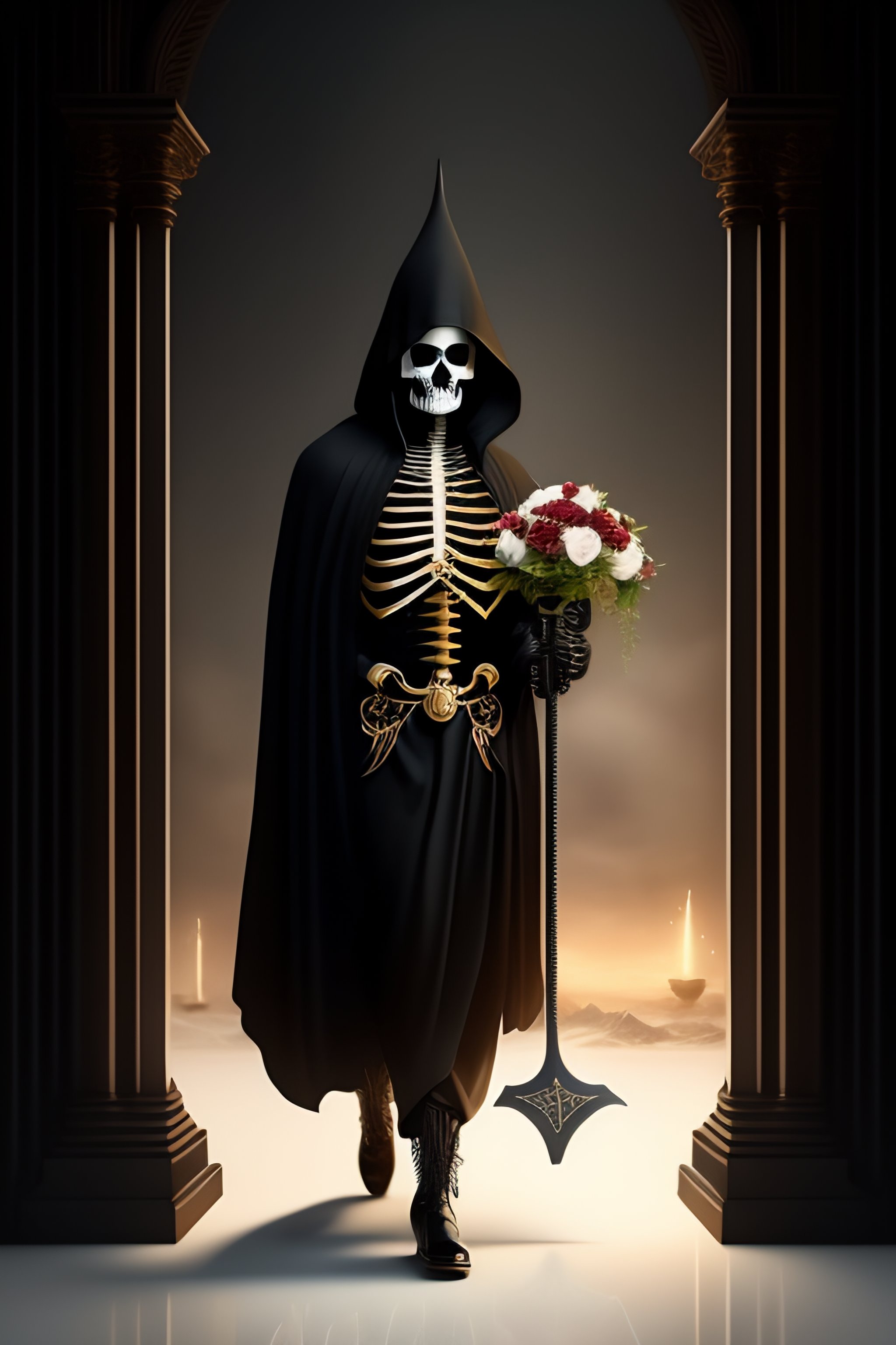 Lexica Skeleton in black ceremonial robe carrying large bone scythe