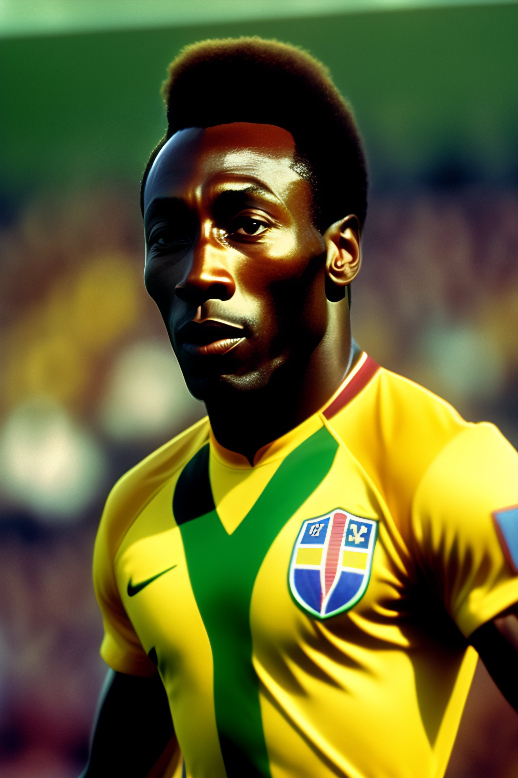 Lexica - Back of Footballer Pele wearing yellow brazil team jersey playing  on a football with one foot, backdrop of dawn, saturn in the background,  i