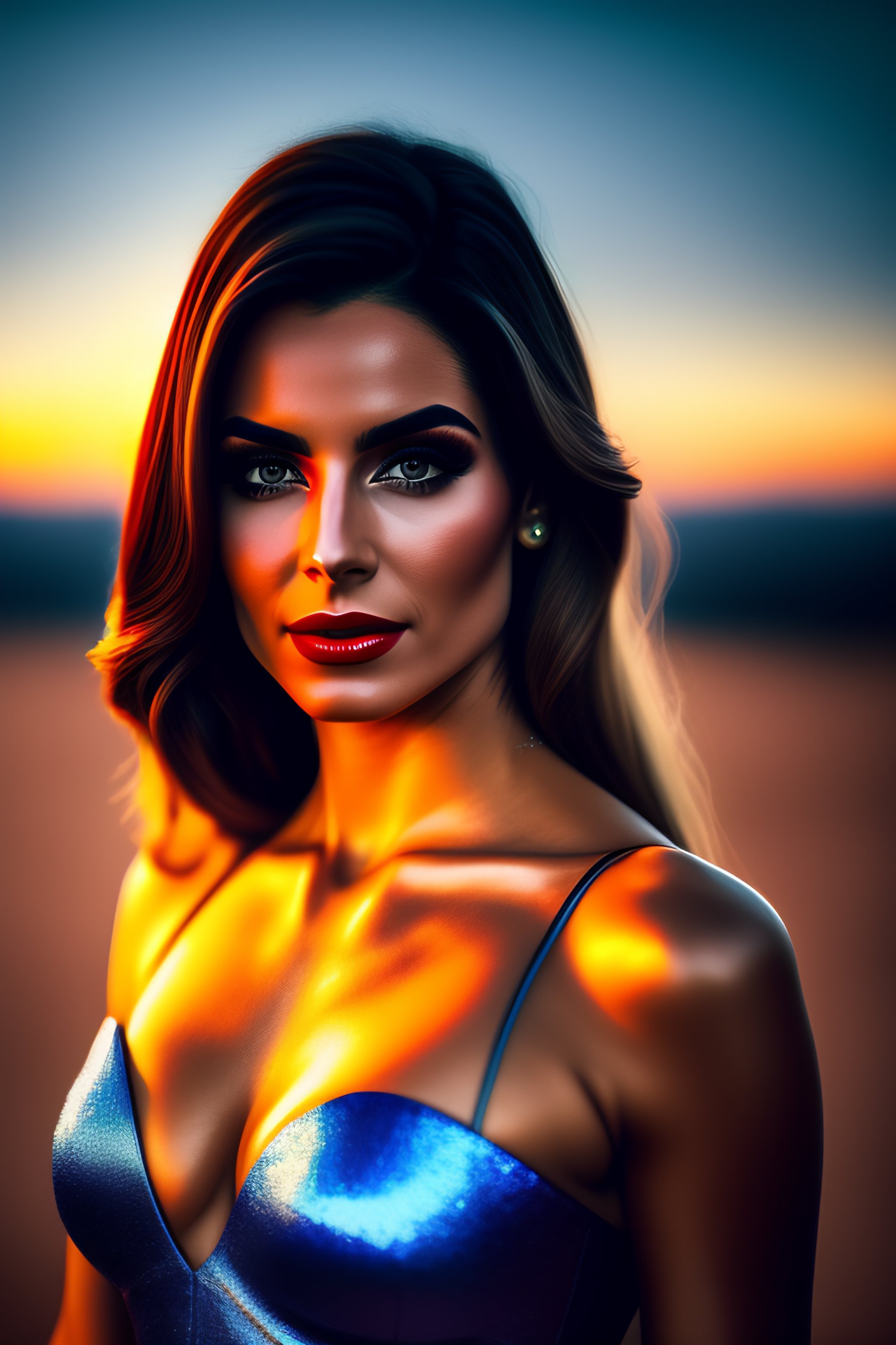 Lexica - Diletta leotta,red lips,hot gorgerous makeup, wearing blue dress  viewed in mega-city one ,photorealistic , ultra detail , HDR, 32k , 16k  ,IS...