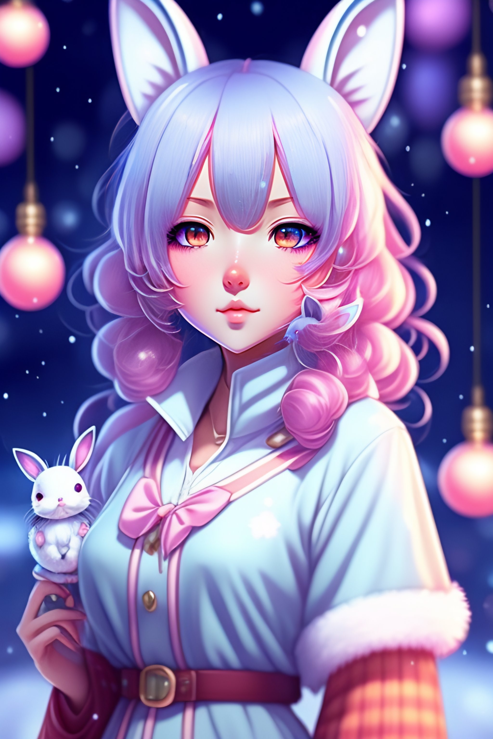 Lexica - Anime,wallpaper like pencil drawing, digital art of cute kawaii  girl with bunny ears, light blue hair,bob,pink eyes,holding a  Omikuji,backgr