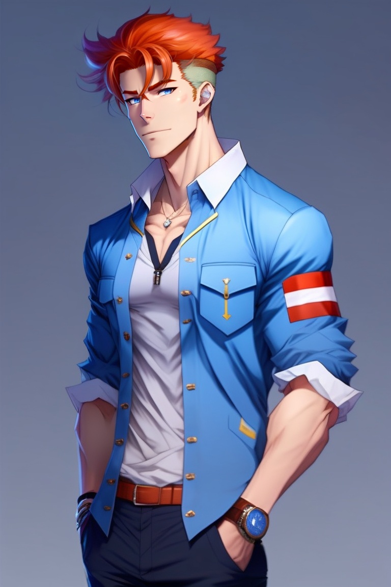 Lexica - Male, handsome, redhead, fully clothed, blue shirt, anime