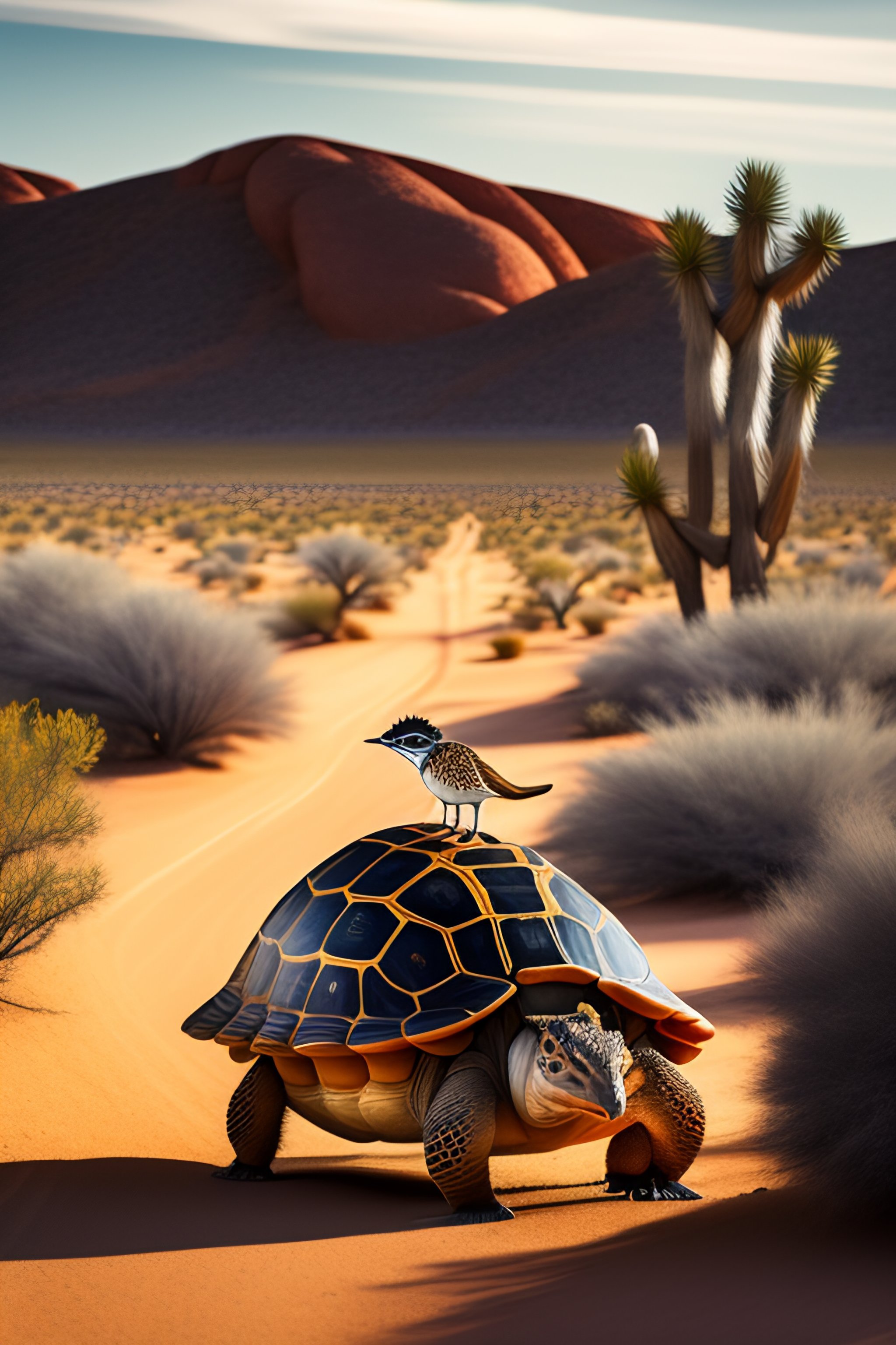Lexica - A road-runner riding a tortoise in Joshua Tree, 8k photograph ...