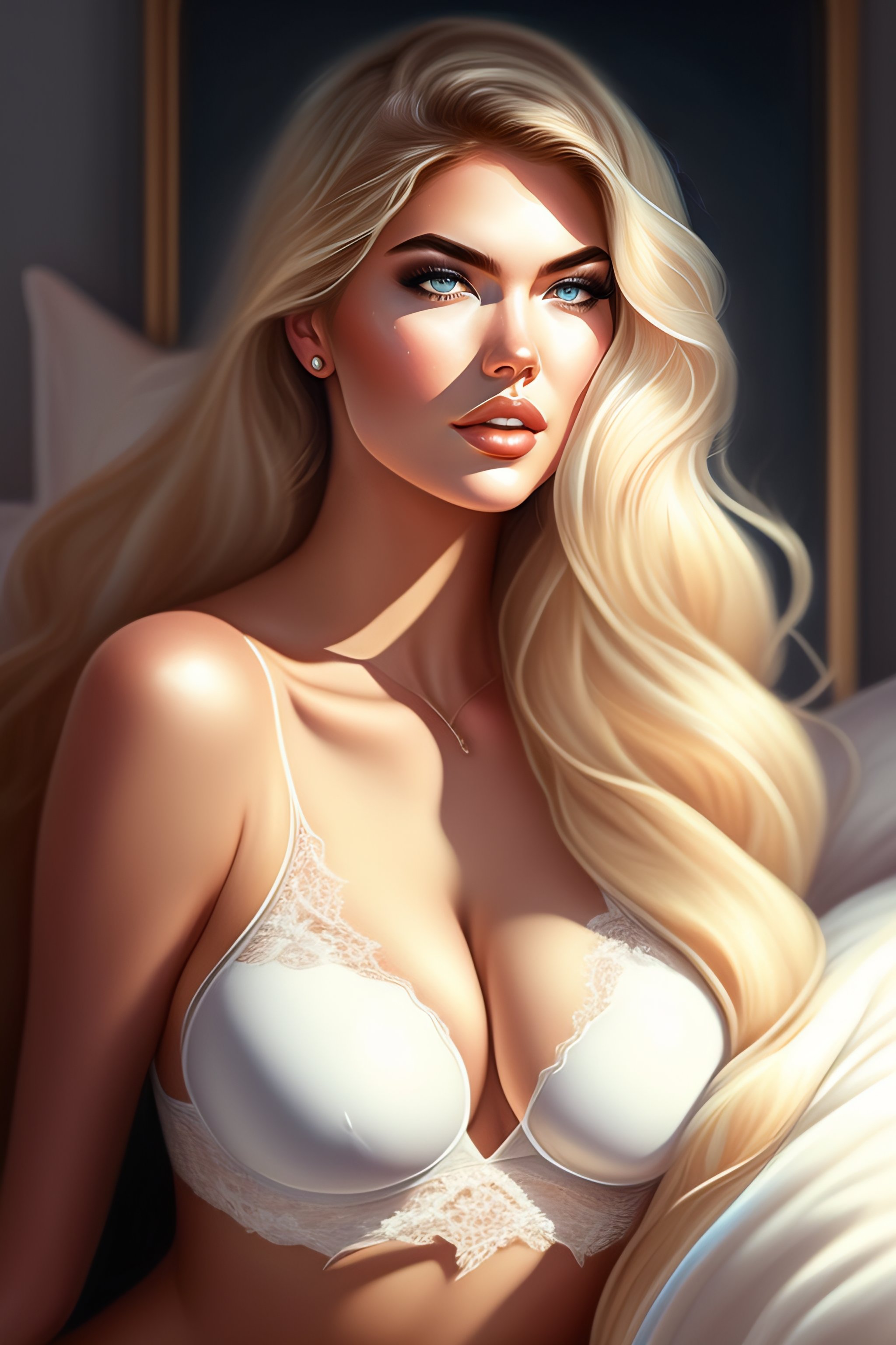 Lexica - Full body, 2D digital painting of Kate Upton, wearing white lace  outfit, crouching in a bed, full intimate setting, by artgerm lau  rossdraws...