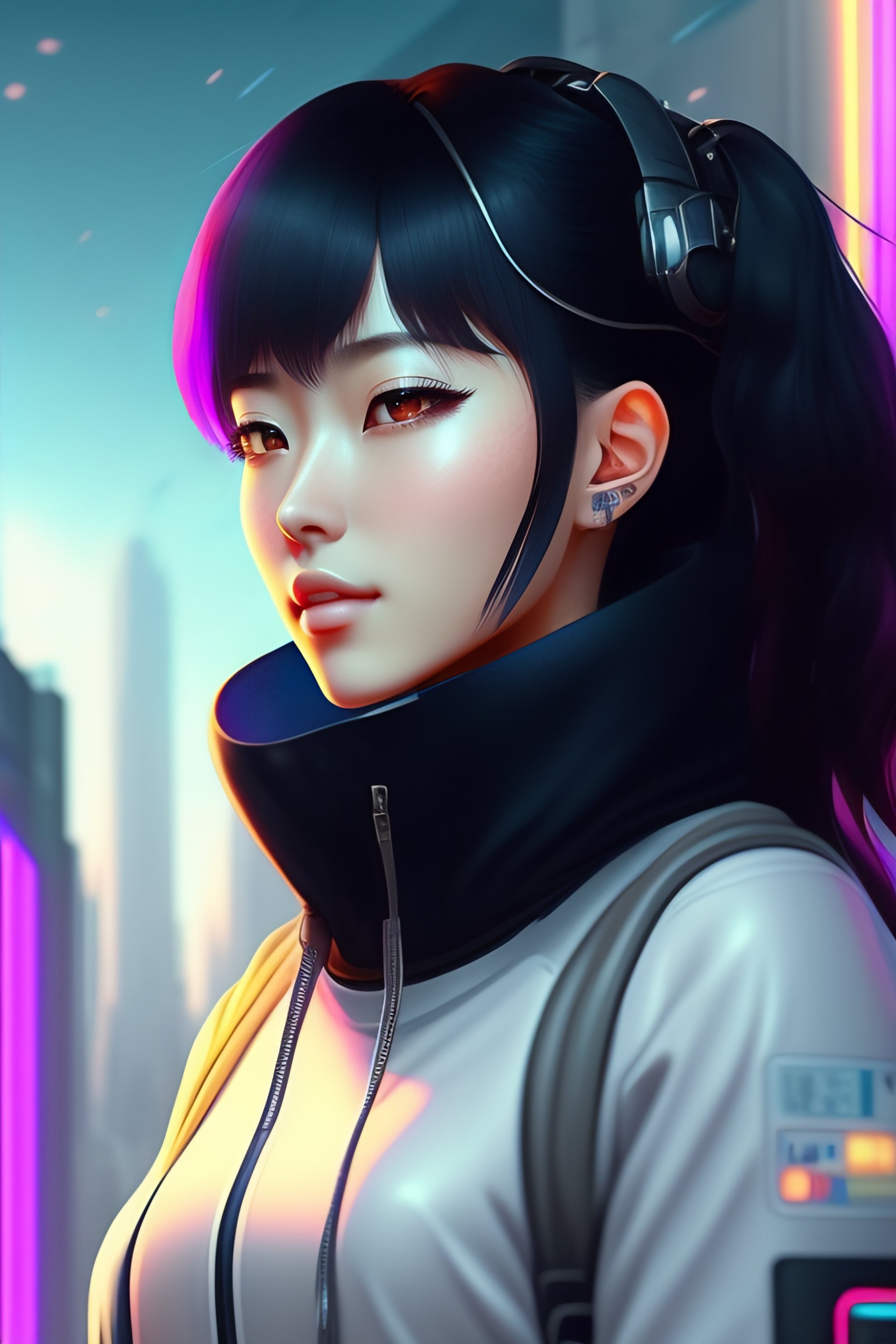 Lexica - Cyberpunk city setting. There is a beautiful young anime woman ...