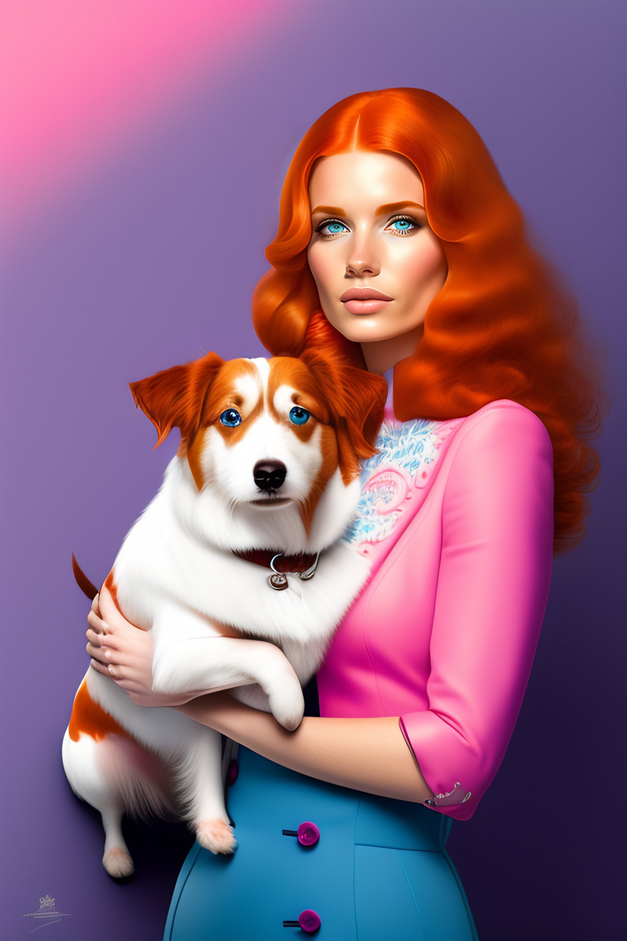Lexica Cute Blue Eyed Long Haired Redhead Woman And A White Jack Russell Terrier Pink