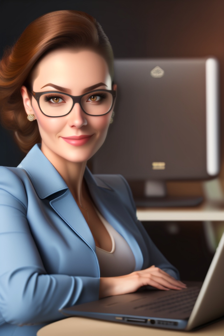 Lexica - Female boss behind the computer , Look at the camera