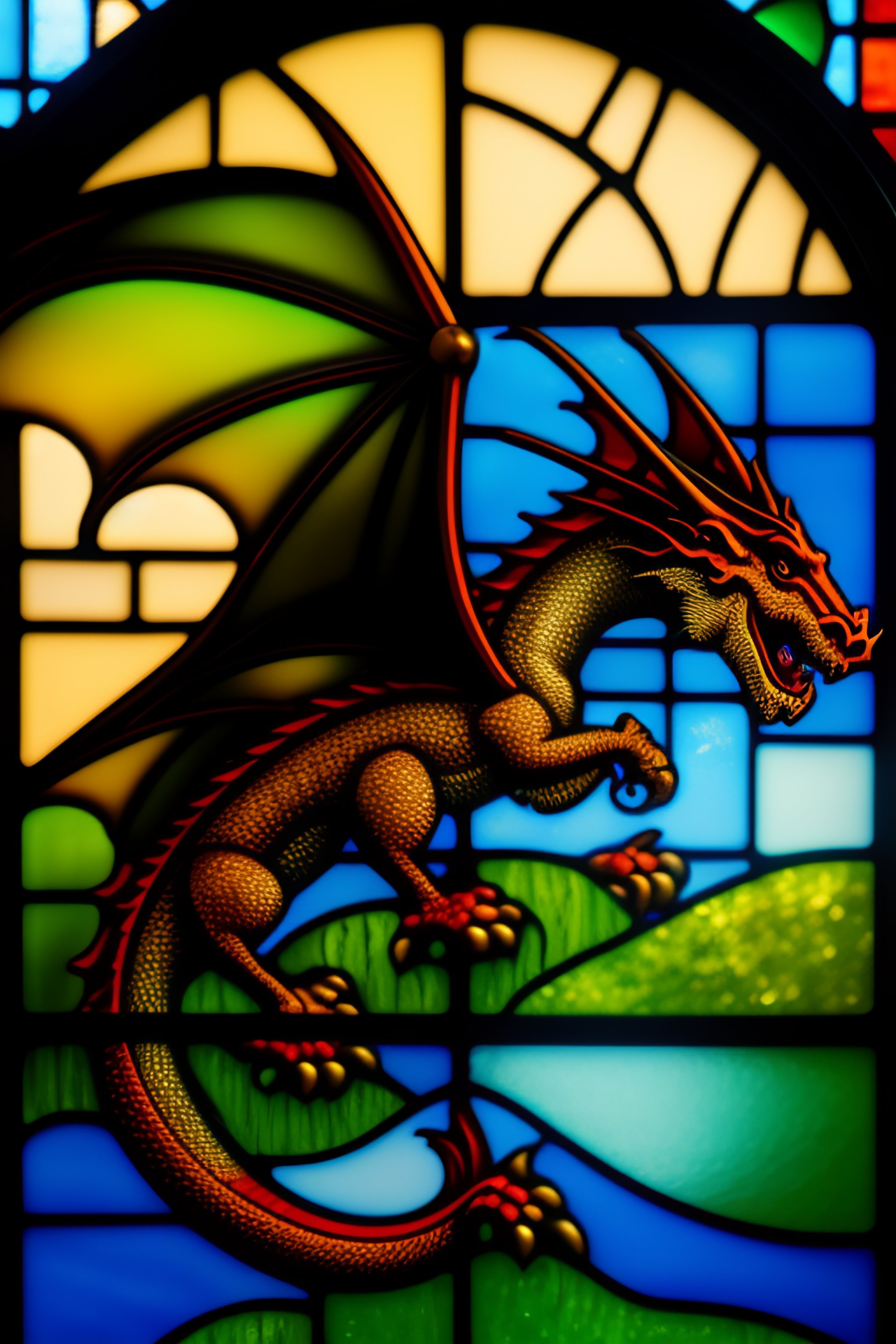 Lexica - A medieval dragon flying in a stained glass