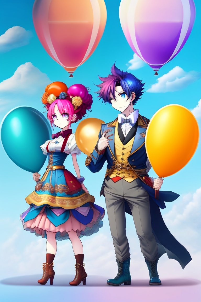 Lexica - Three anime style clown characters, two female and one male clown  all together, with balloons in the background.