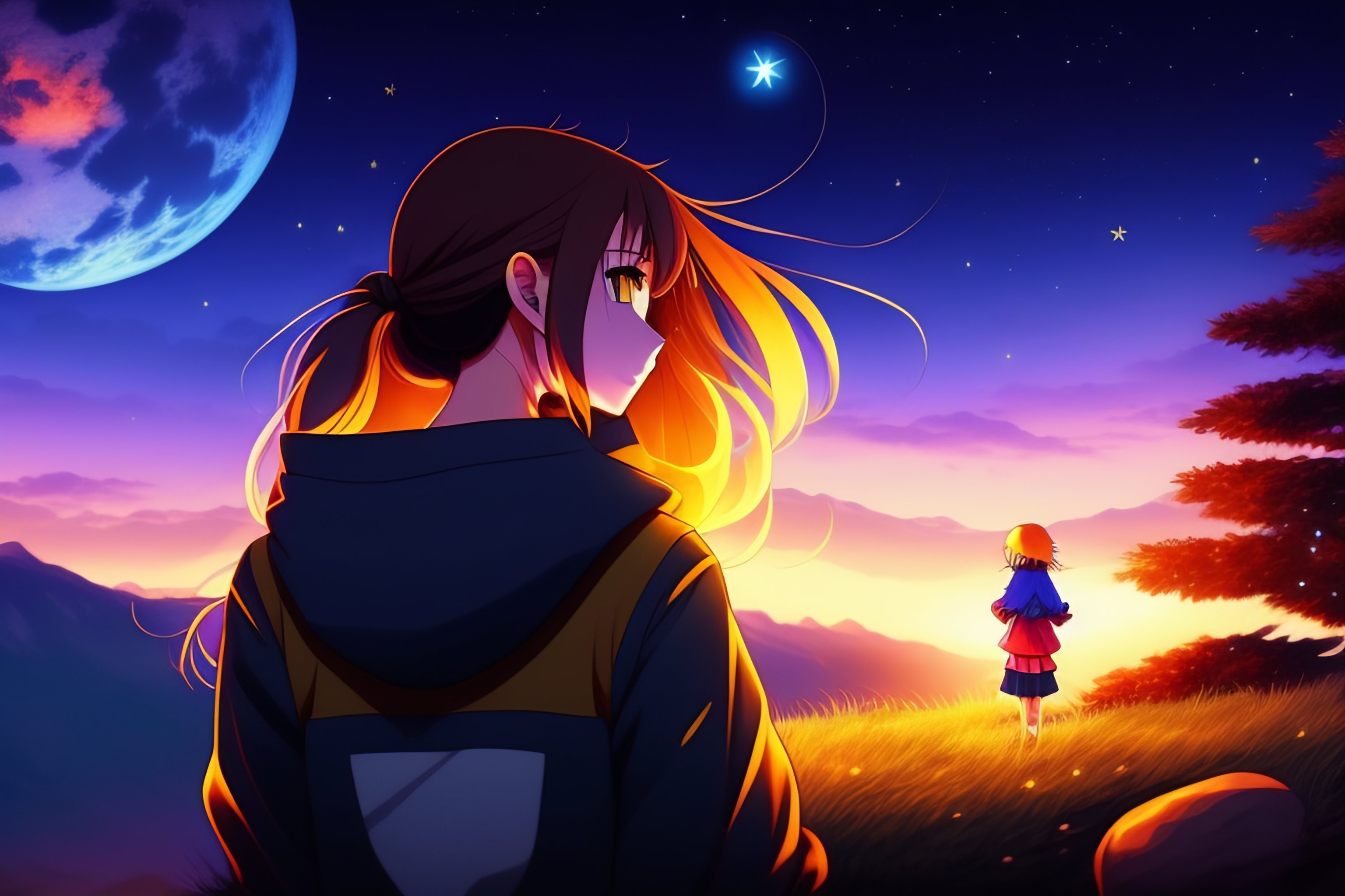 Lexica - Anime, girl, campfire, night, full moon, siting, face