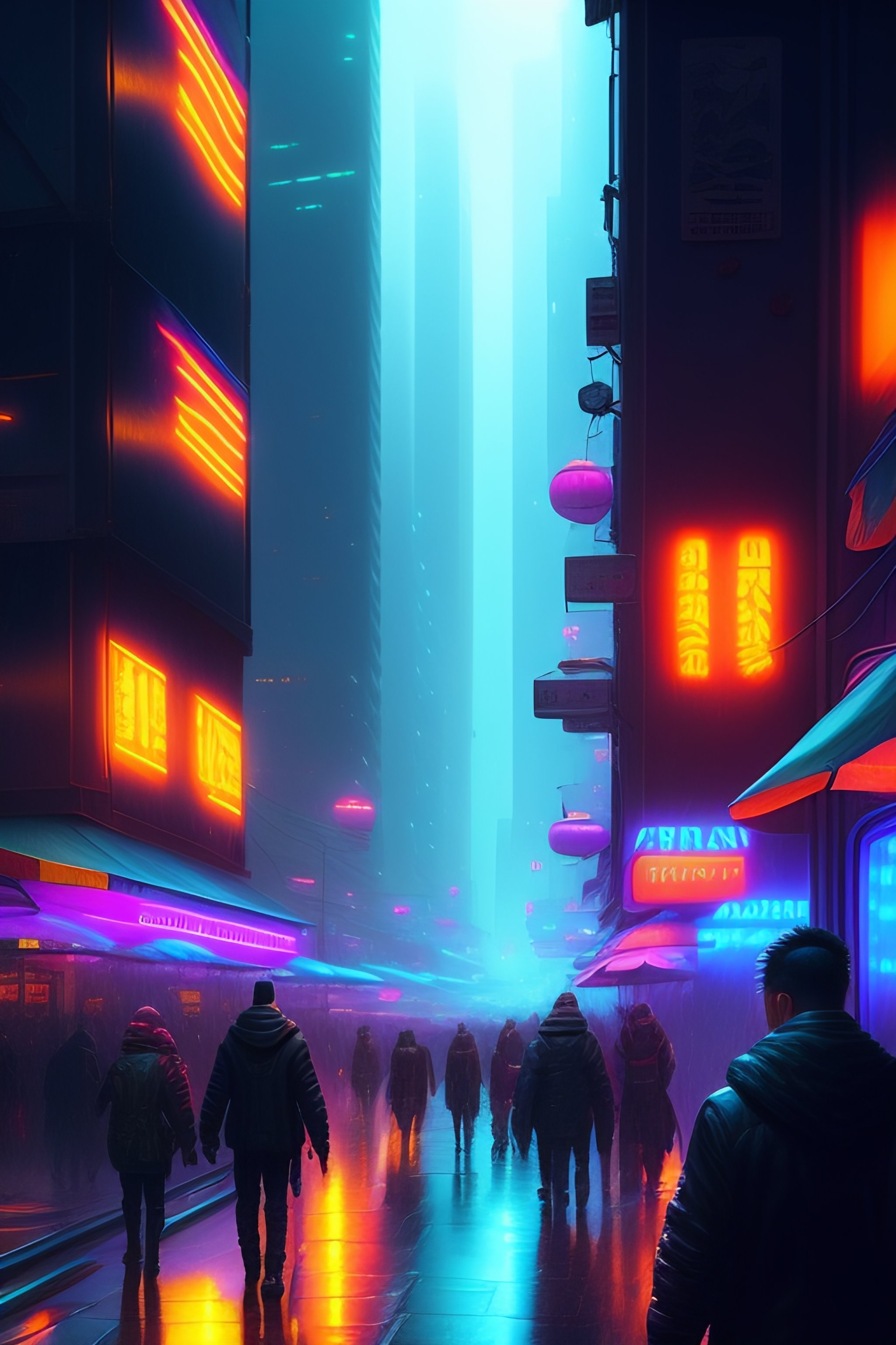 prompthunt: a cyberpunk street scene with neon lights, raining, cinematic,  atmospheric lighting, 4k uhd wallpaper, digital art trending on artstation