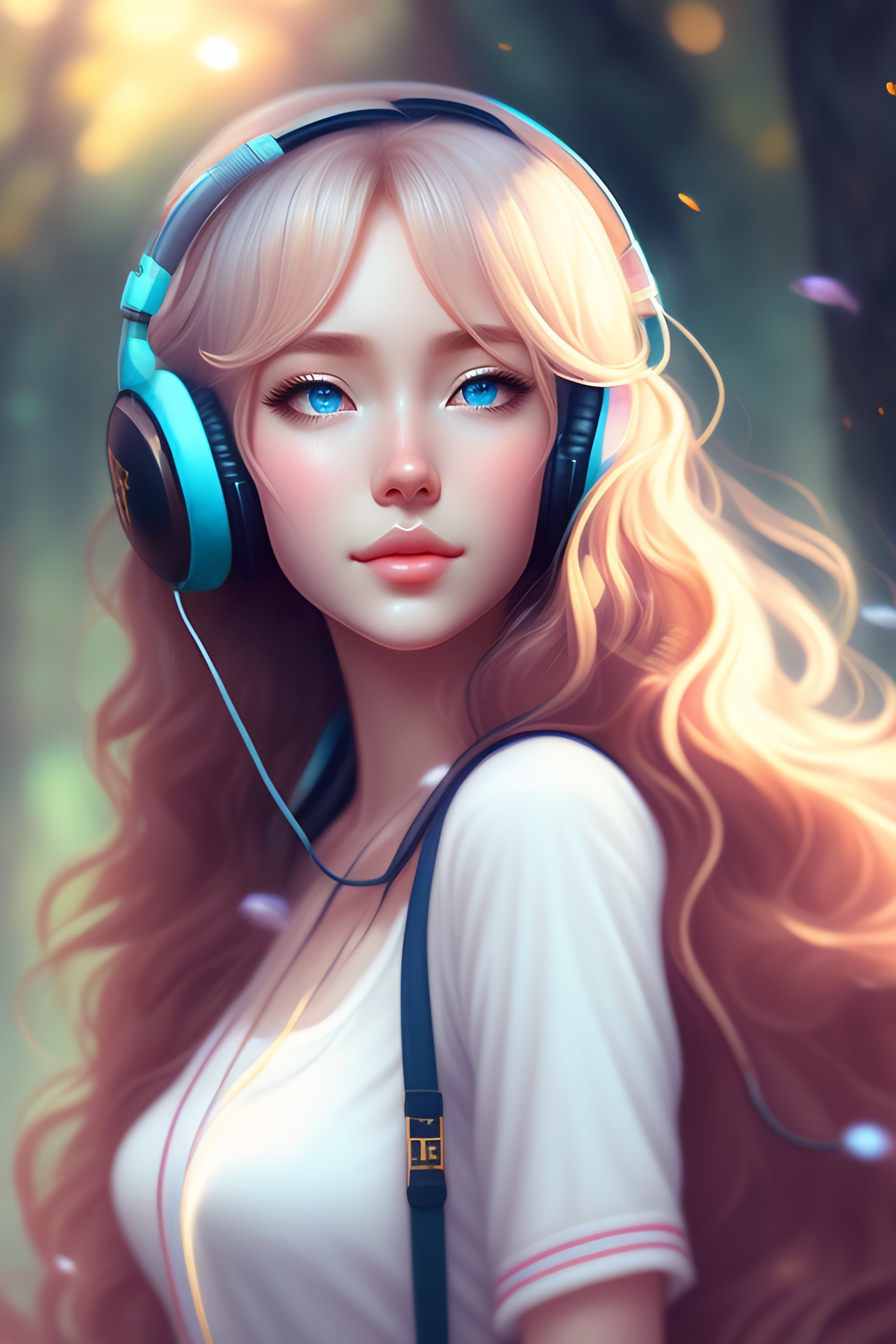 Anime Girl With Brown Hair And Blue Eyes And Headphones
