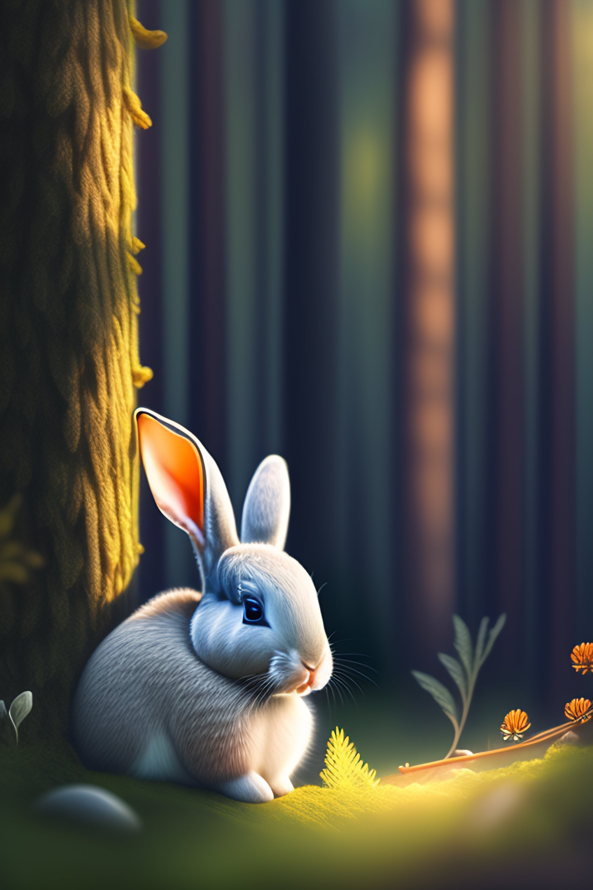 Lexica - Gray bunny dreaming of carrots in forest illustration