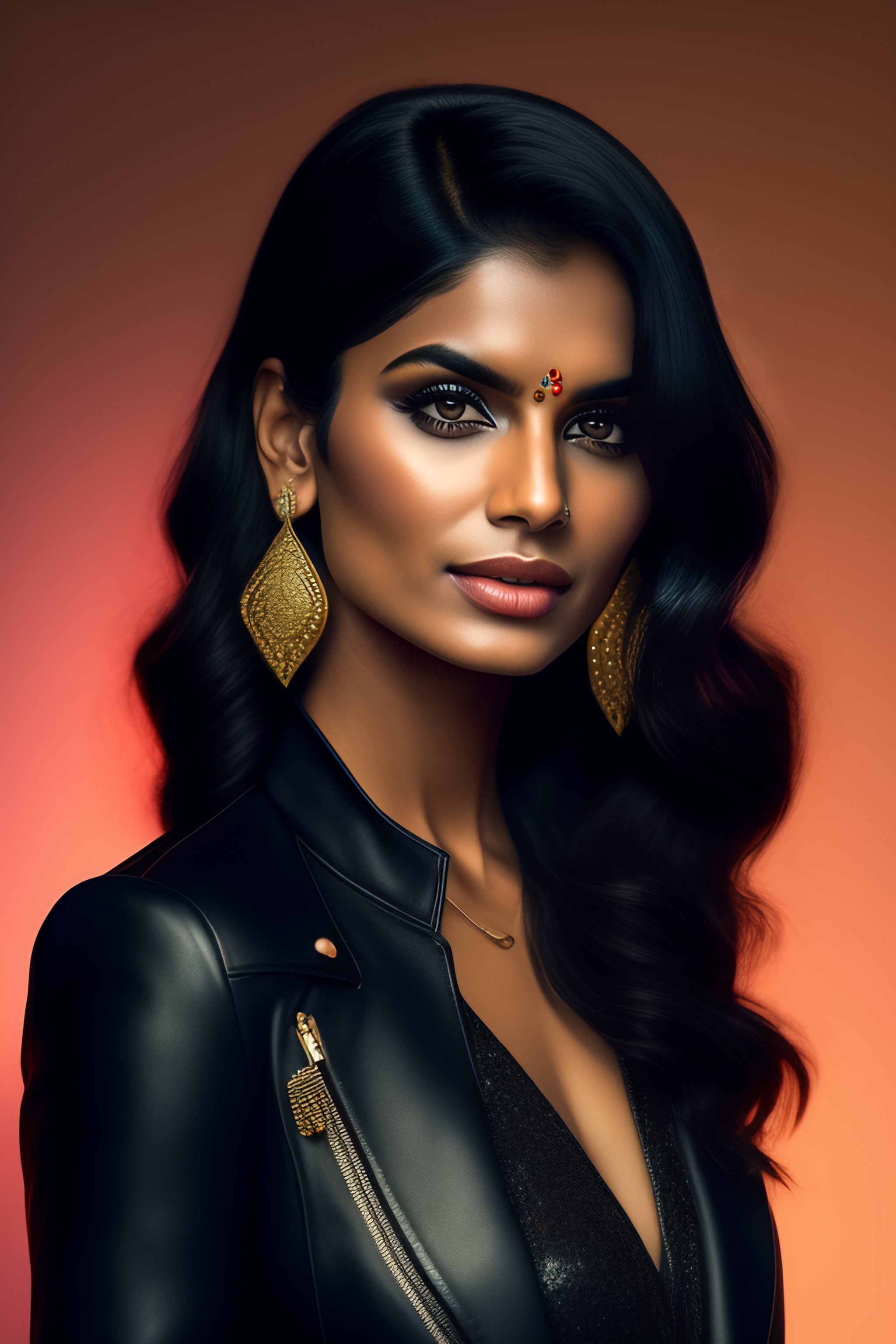 Lexica - Indian girl in her 30s with nose piercing wearing black leather jacket only and black