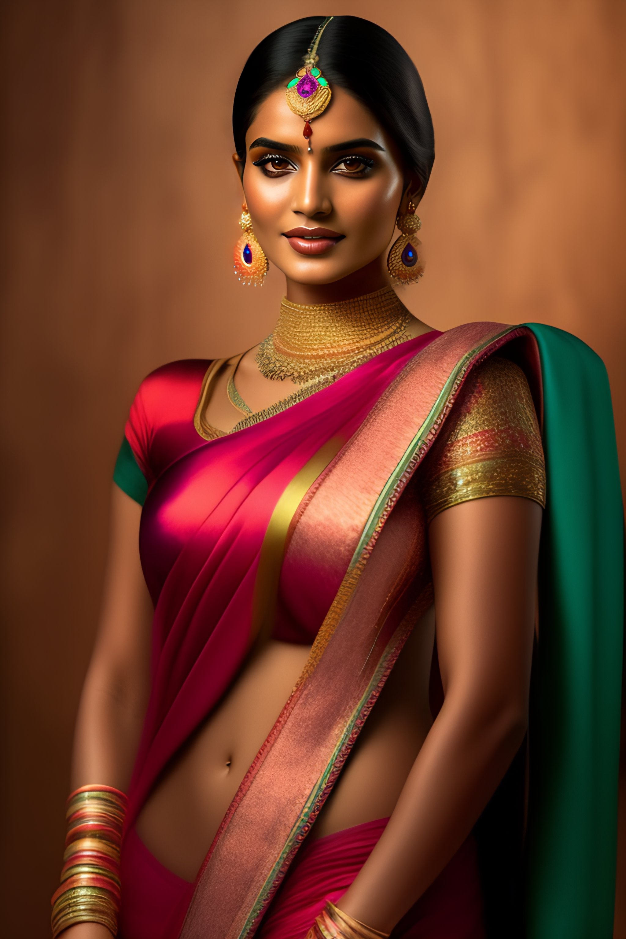Lexica - Young north indian girl in a saree, massive downblouse, fit body,  wearing saree, wearing kebama, vogue photoshoot, maxim photoshoot, ultra  r...