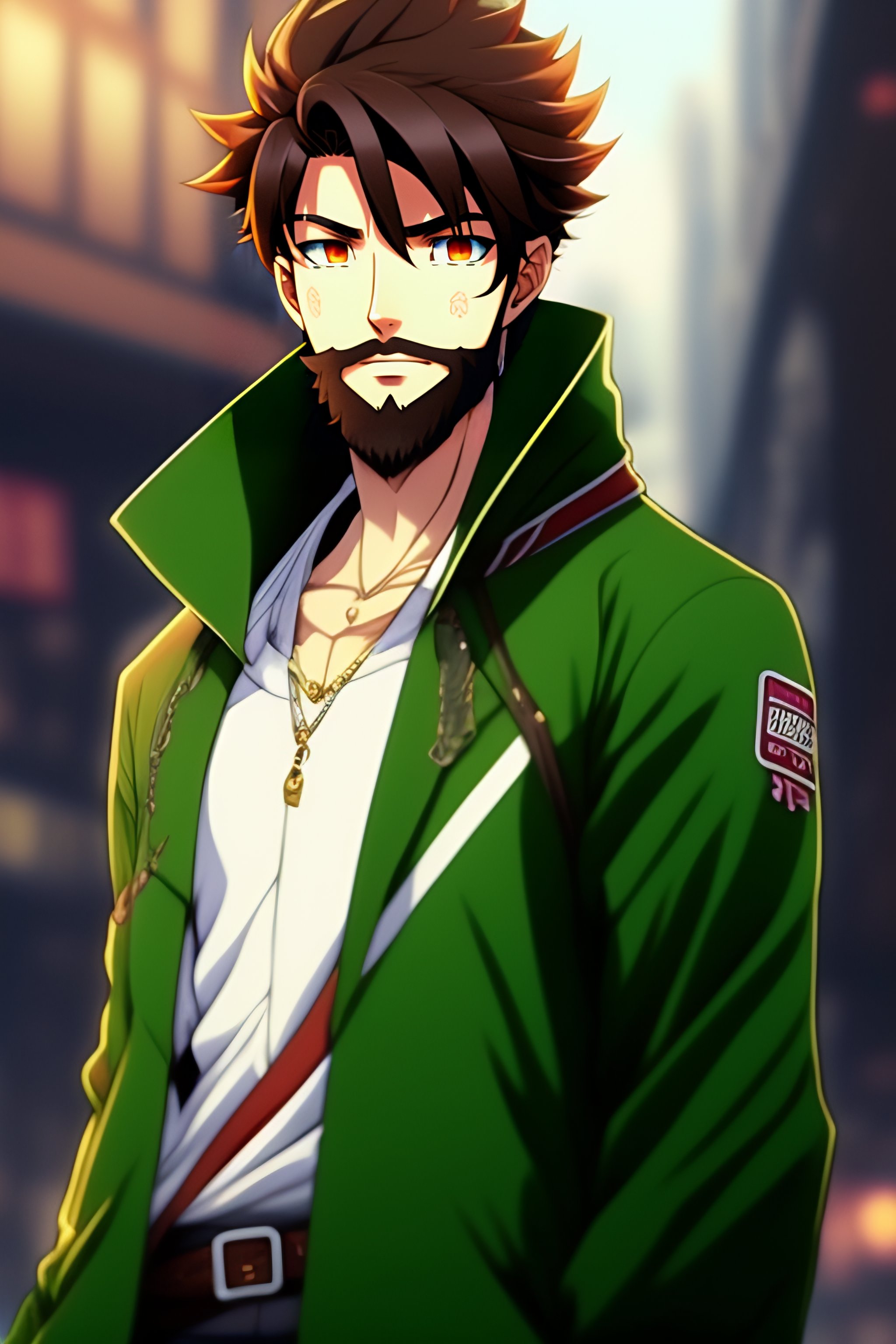 Lexica - Anime guy, 19 years old, wearing green coat, long little bit messy  lighter brown hair, brown full beard, have a beard, dark brown eyes, anim...