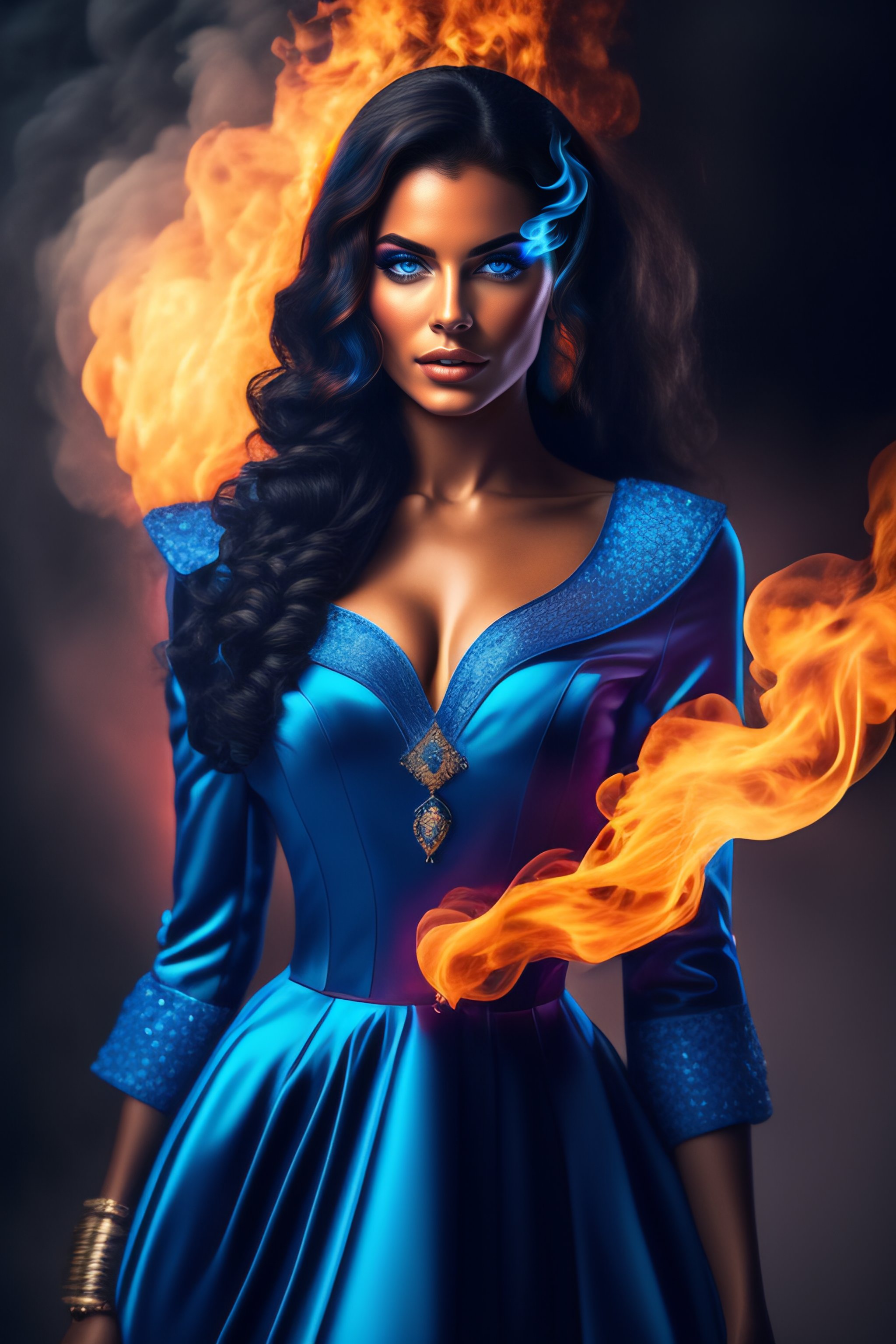 Lexica - Charismatic women blue dress with fire in the hand