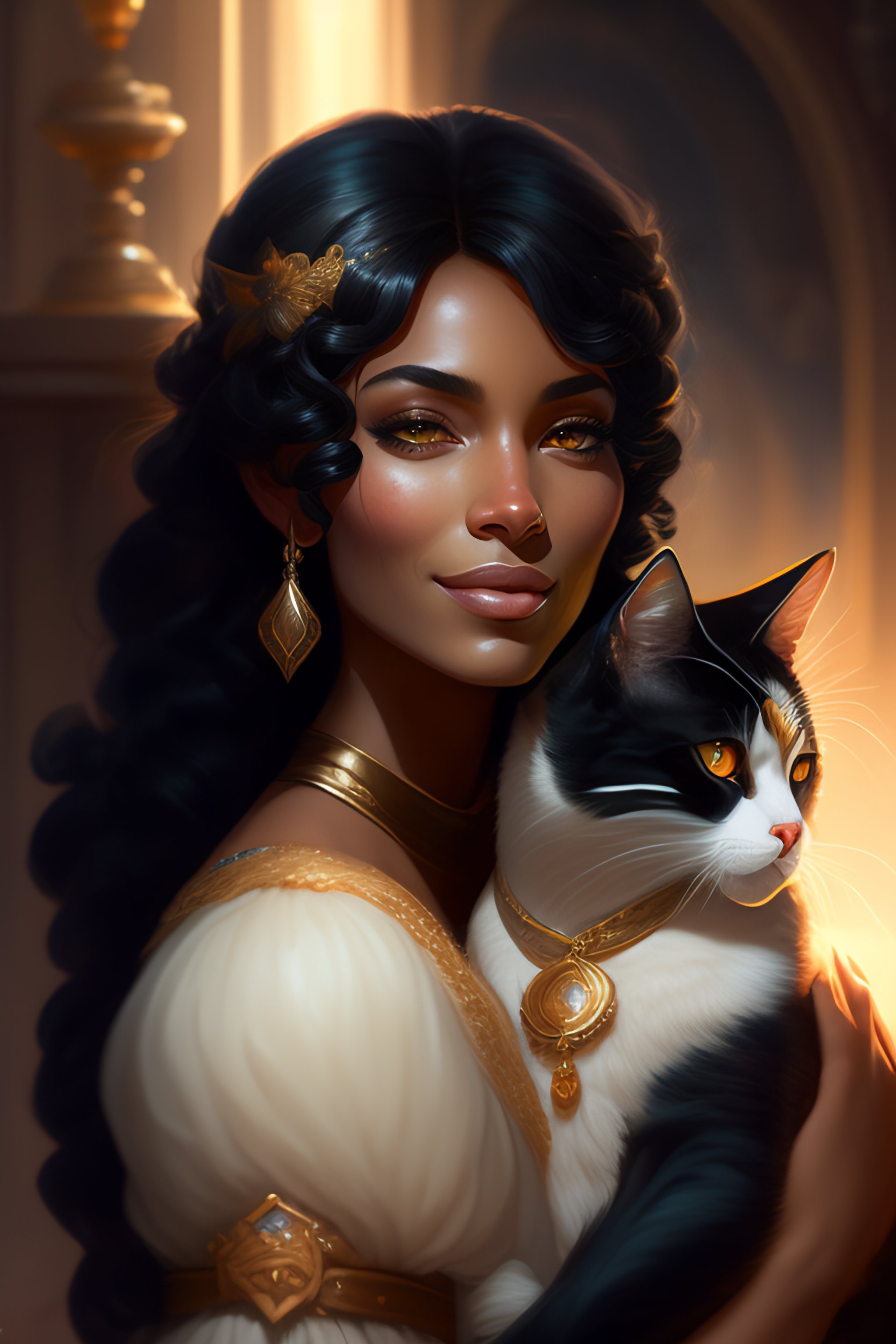 Lexica - A detailed portrait of a cute black hair woman hugging a tabby ...