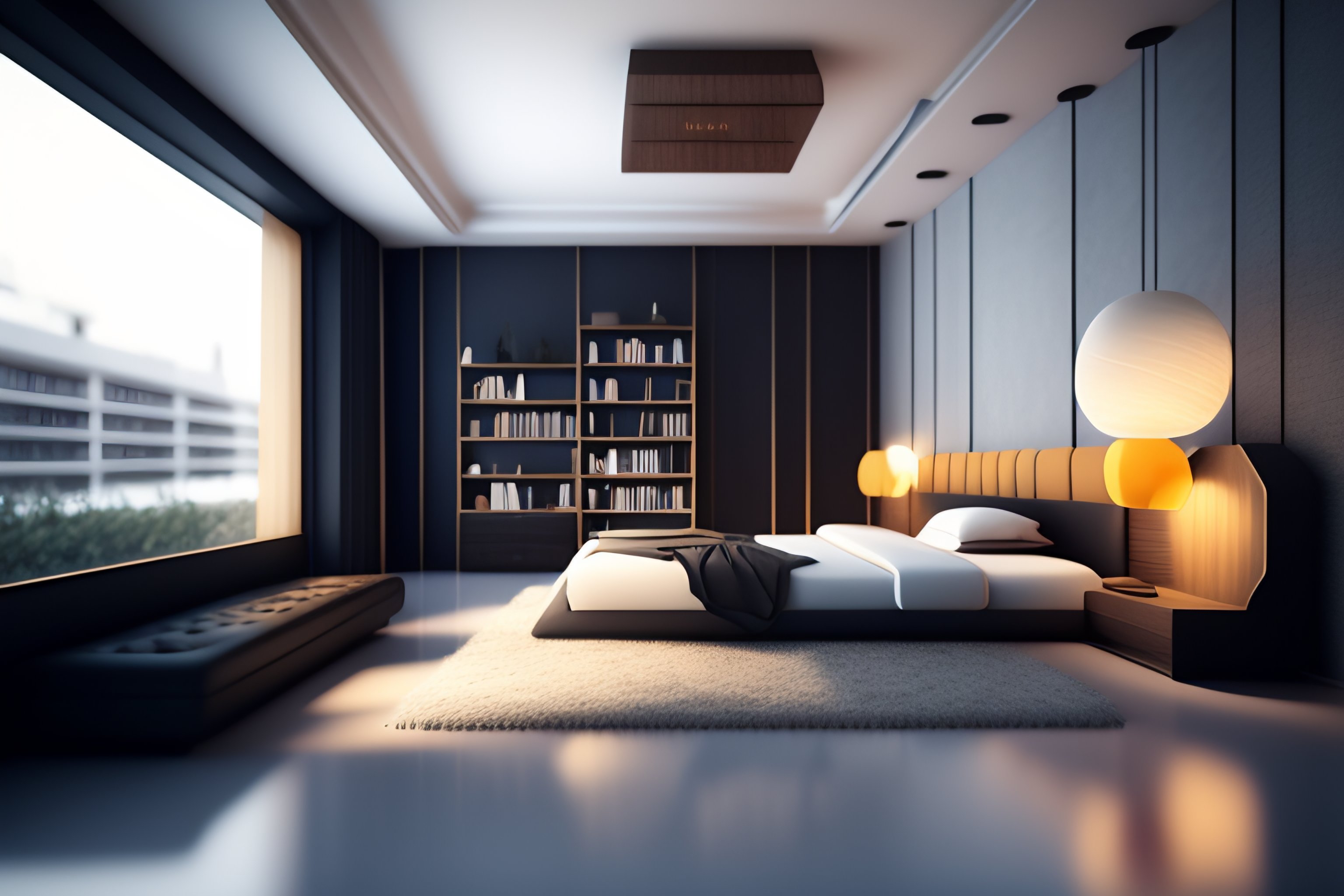 Lexica - Symmetry, parallax mapping of brutalist bedroom, minimalist