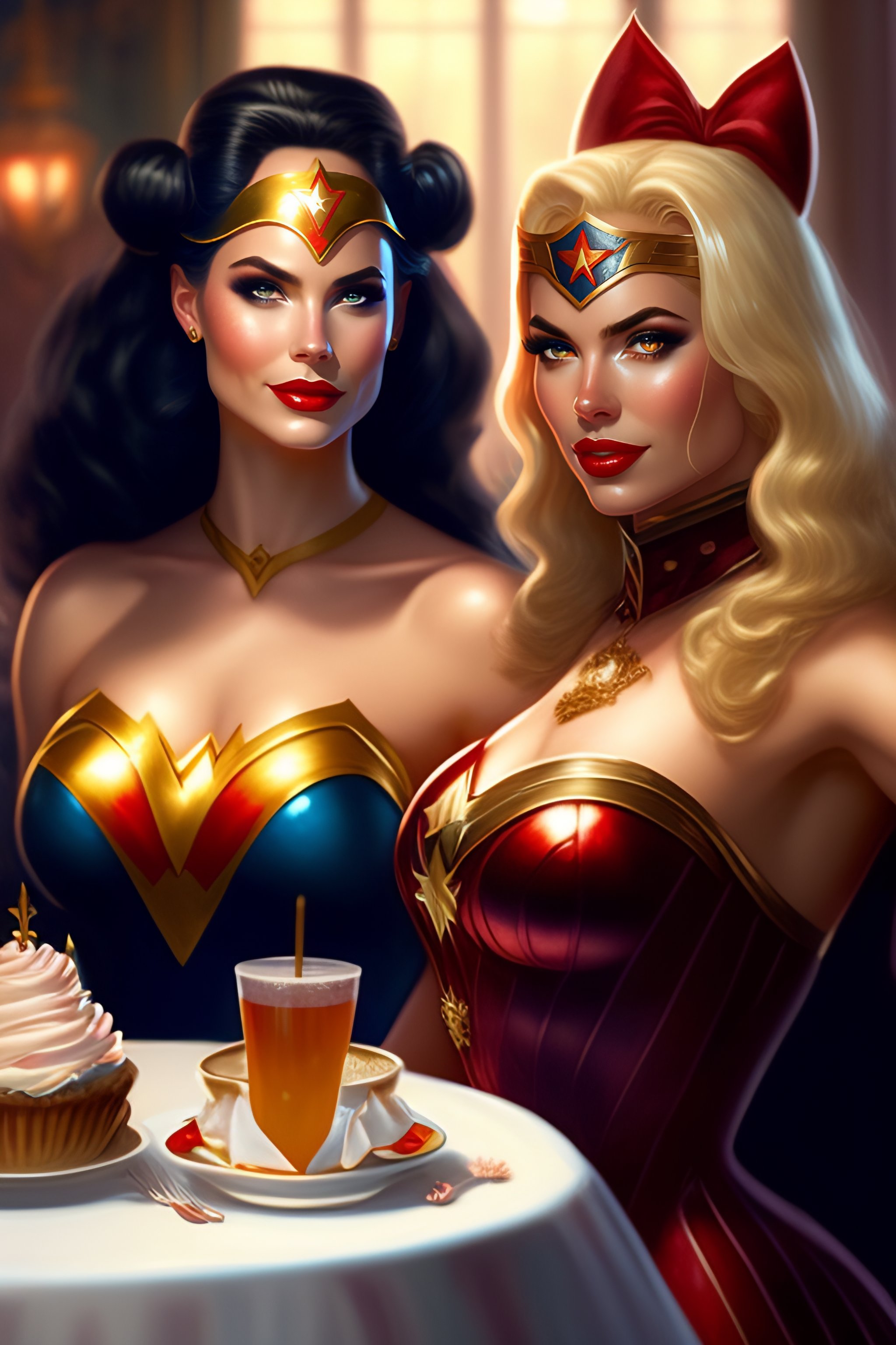 Lexica - “Wonder Woman and Harley Quinn at a tea party by Thomas Kinkade,  Alice in Wonderland, trending on Artstation”