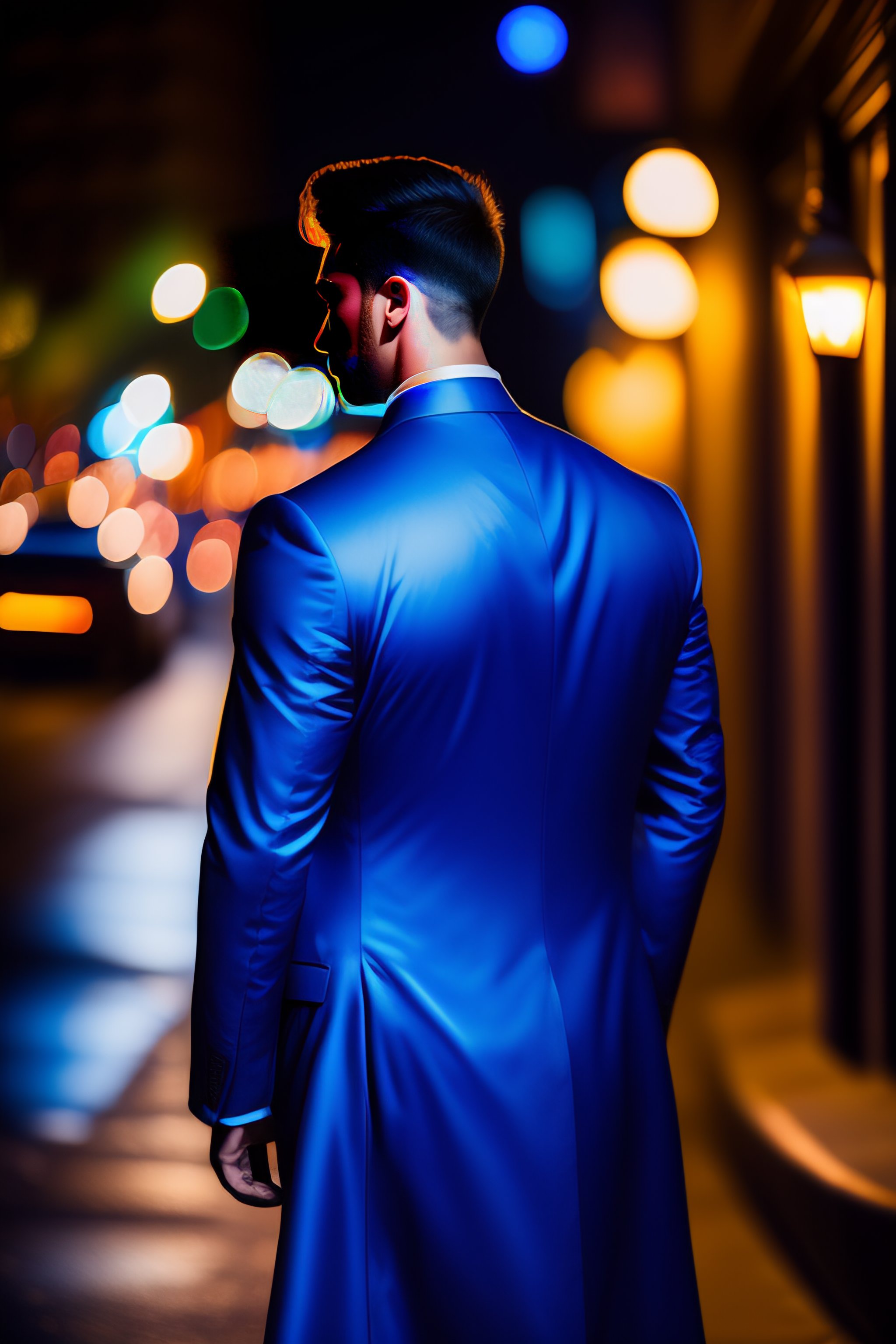 Lexica - Man in a blue dress in night under street light, highly ...