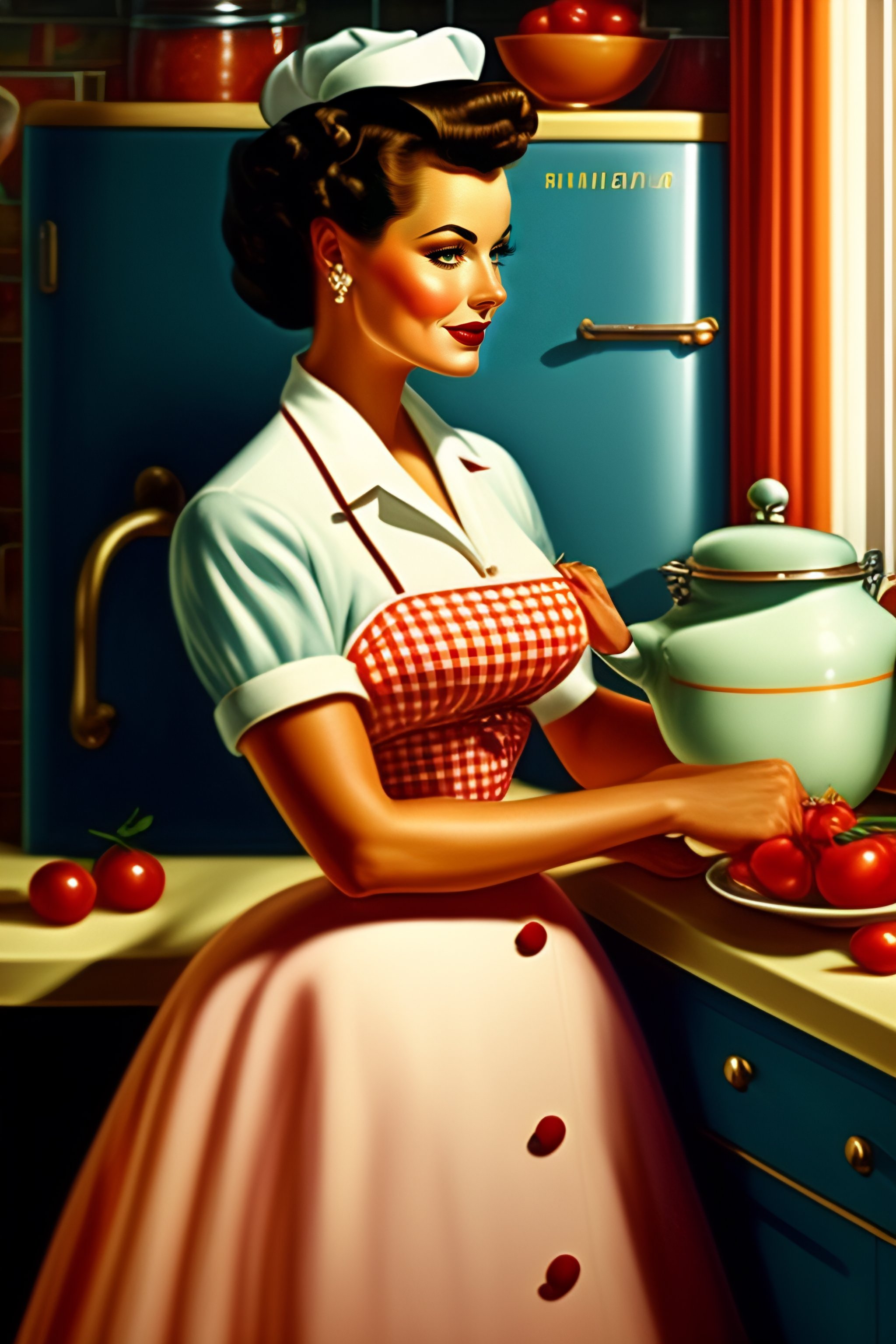 Lexica - A young beautiful 1950s housewife cooking in kitchen ...