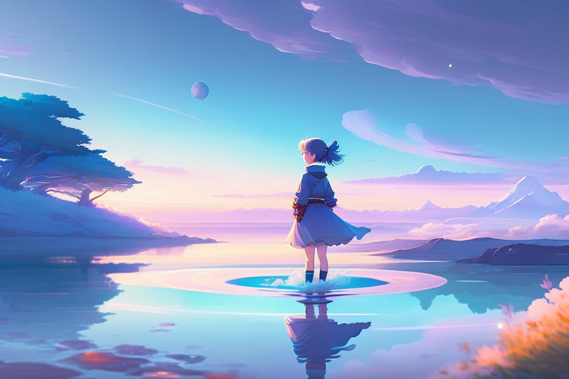 Lexica - Anime girl walking on water, ripples, backdrop of dawn, saturn ...