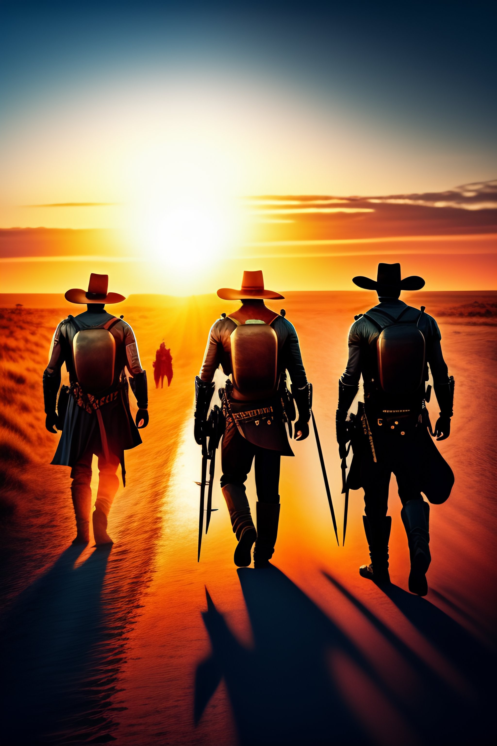 Lexica Gang Of Outlaws Walking Into The Sunset With Their Weapons Drawn