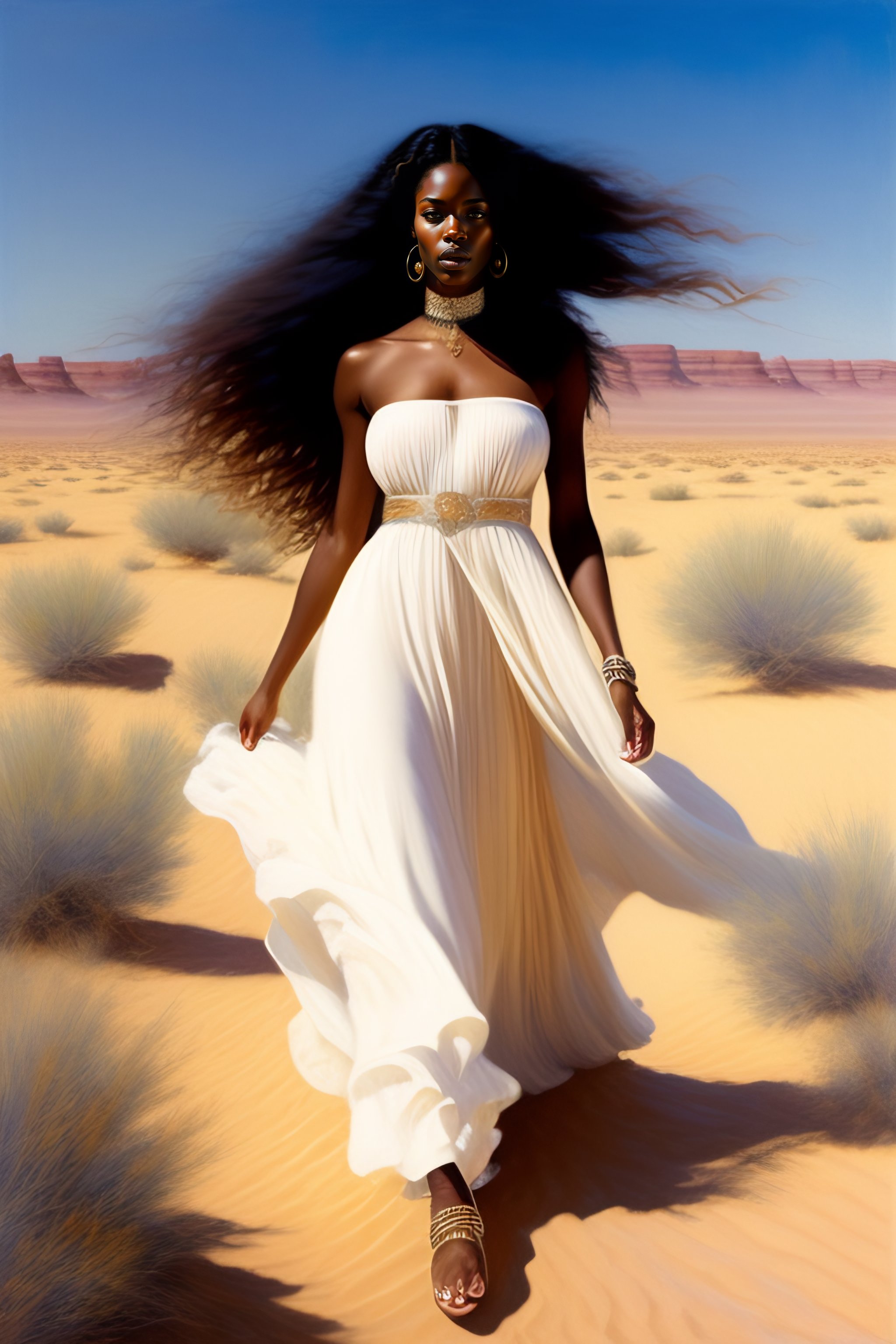 Lexica - A black woman with long flowing hair and a flowing white dress ...