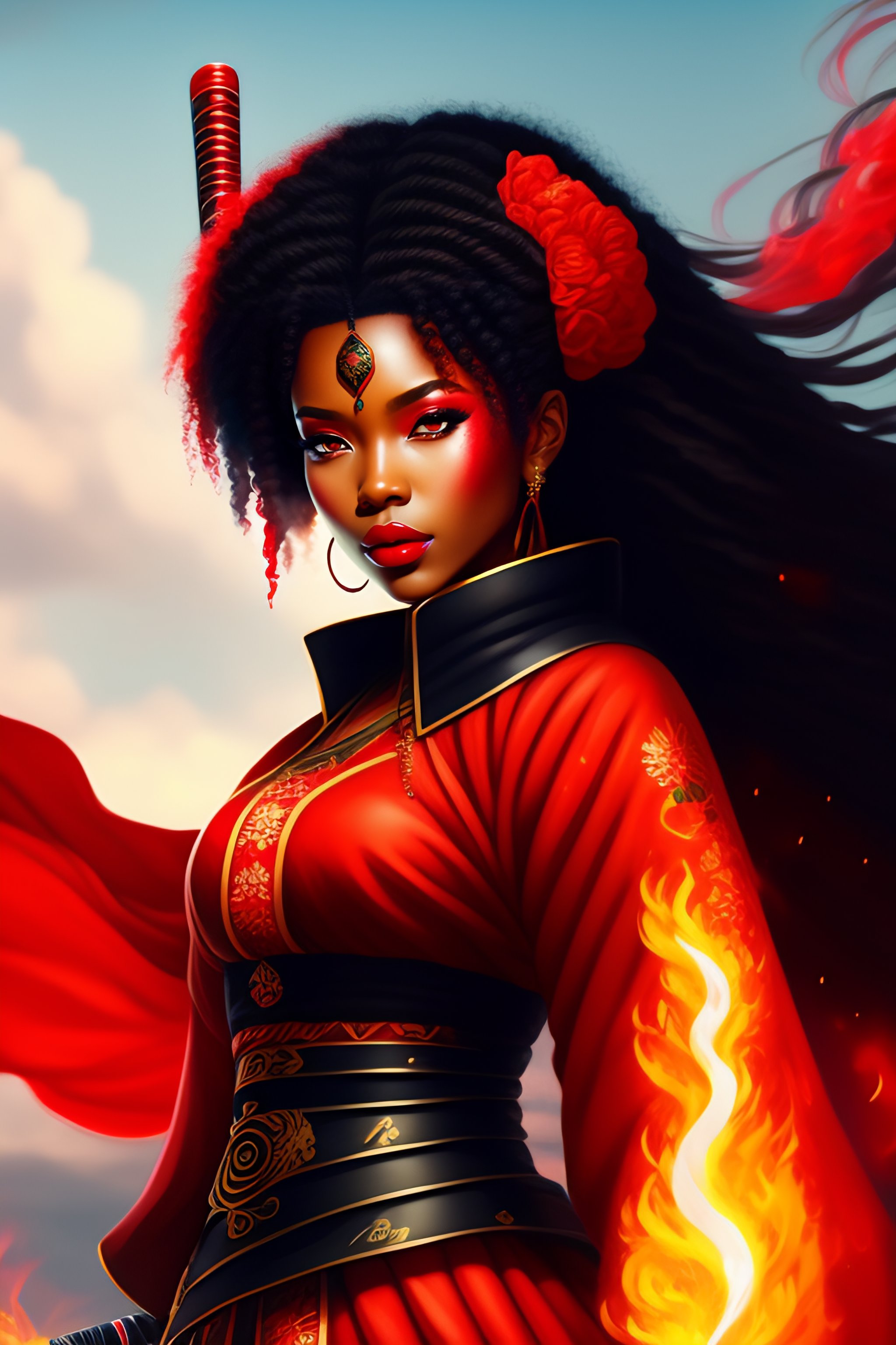 Lexica - Afro samourai girl with japanese embroidered dress ,red lips ...