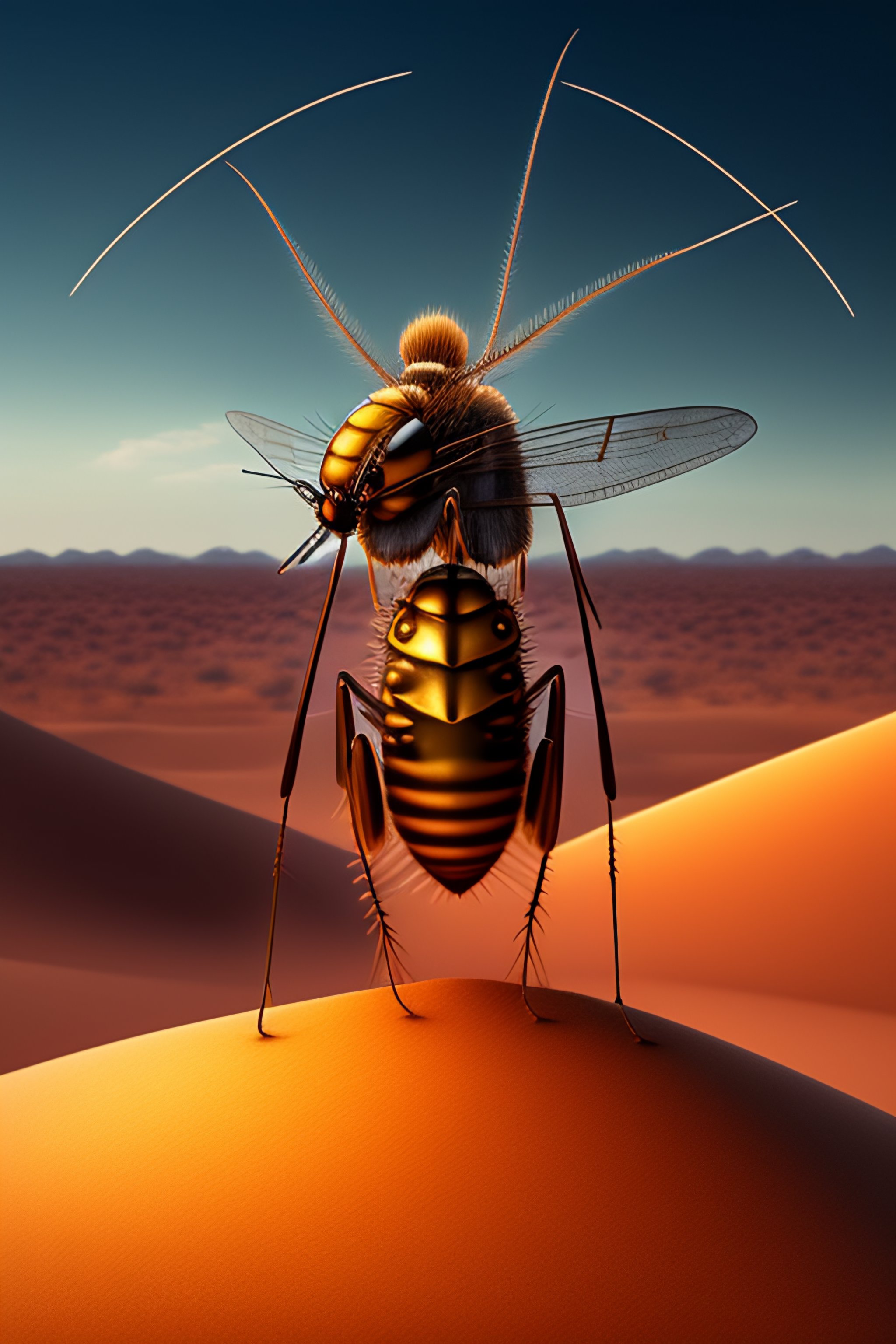 Lexica A humanoid mosquito standing with a desert with a spear.