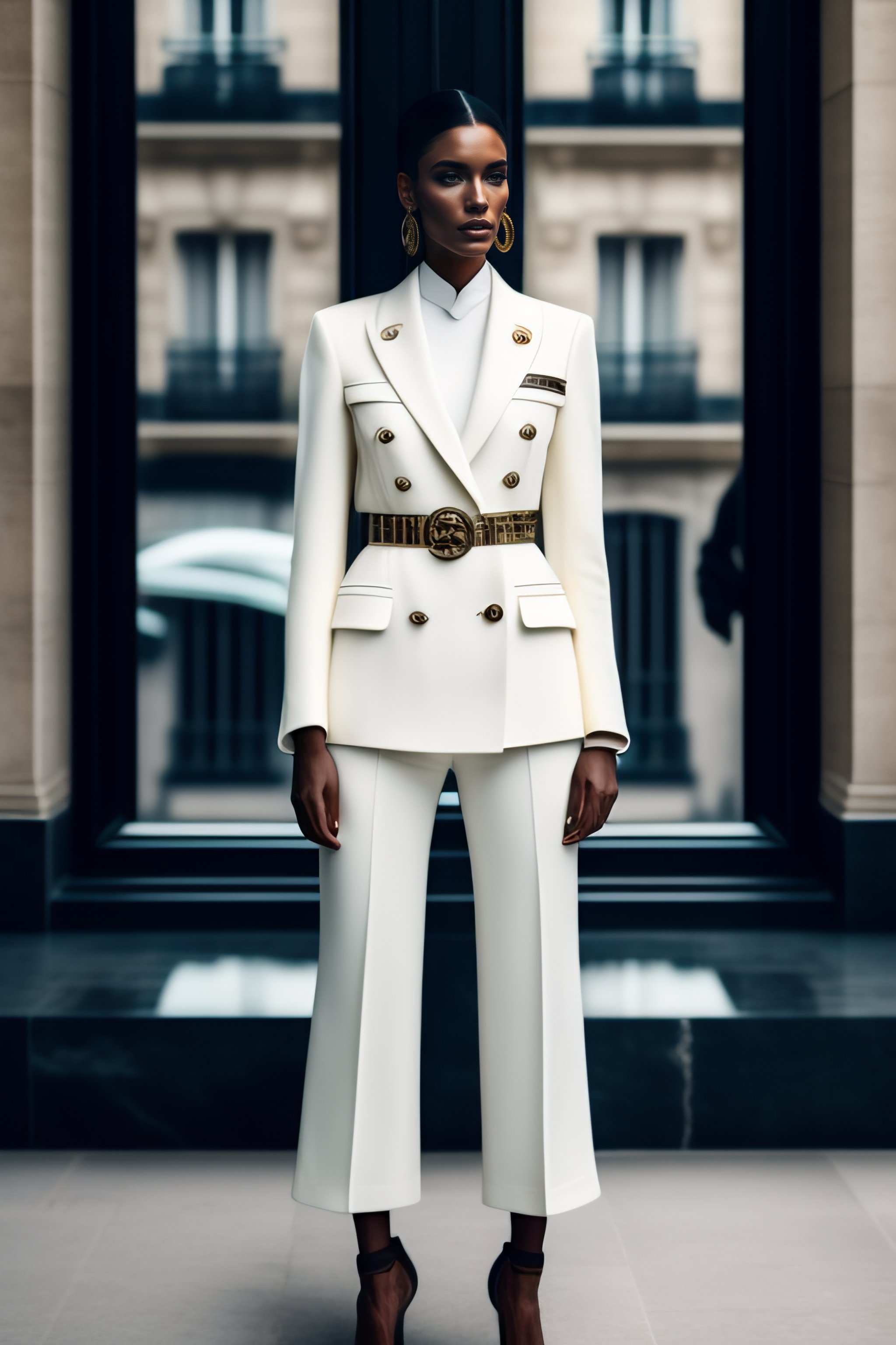 Lexica - An editorial fashion photograph in which a white female model  wears Chanel suit, standing next to a window, in Paris