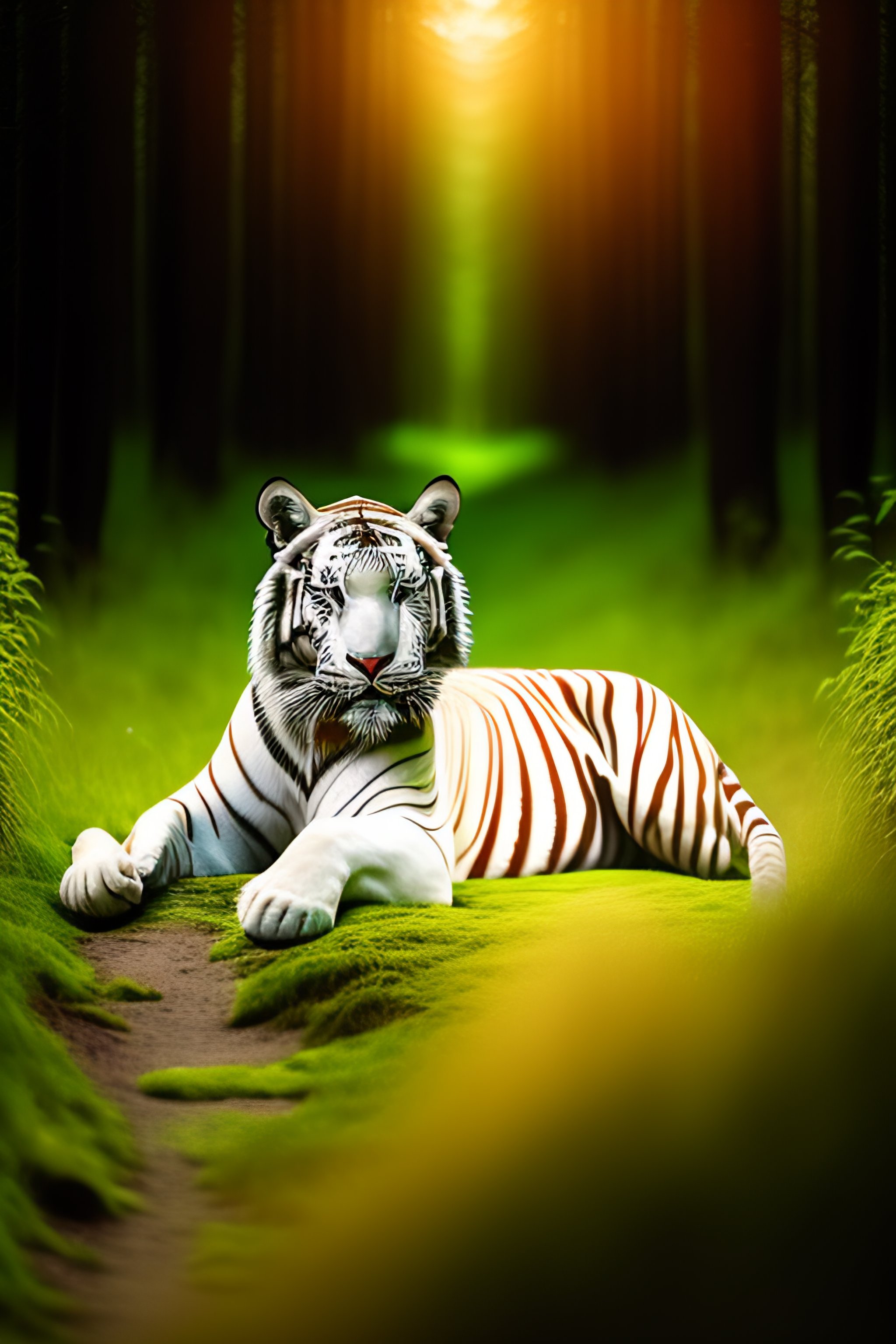 Lexica - Real white tiger in forrest, green grass