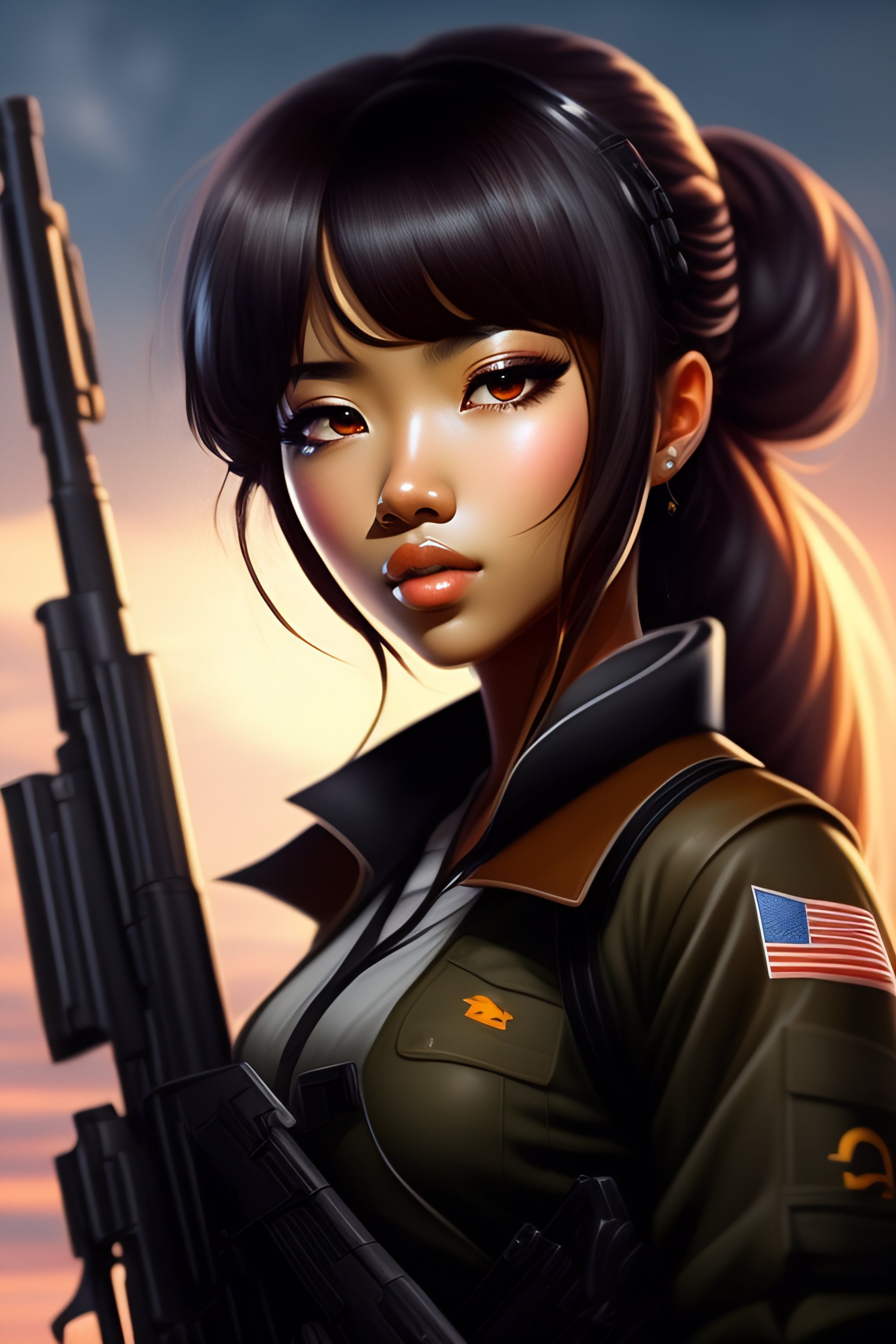 Lexica - Anime girl, dark skin, brown hair, yeux vairons, holding a rifle