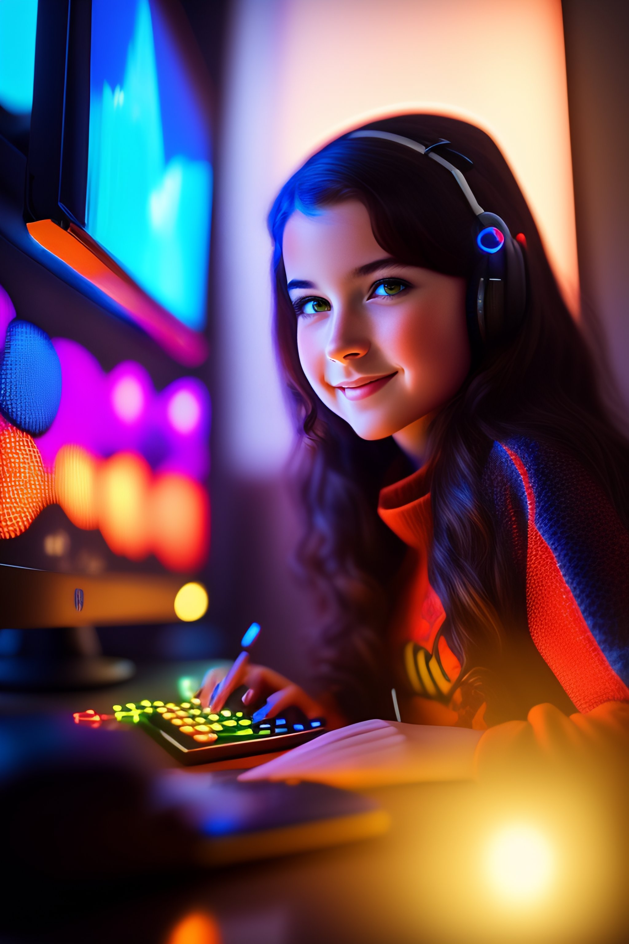 Lexica - Photo of cute young brunette girl gaming at her desk in bedroom,  celebrating completion of minecraft build, rgb led, soft round face, dslr,  ...