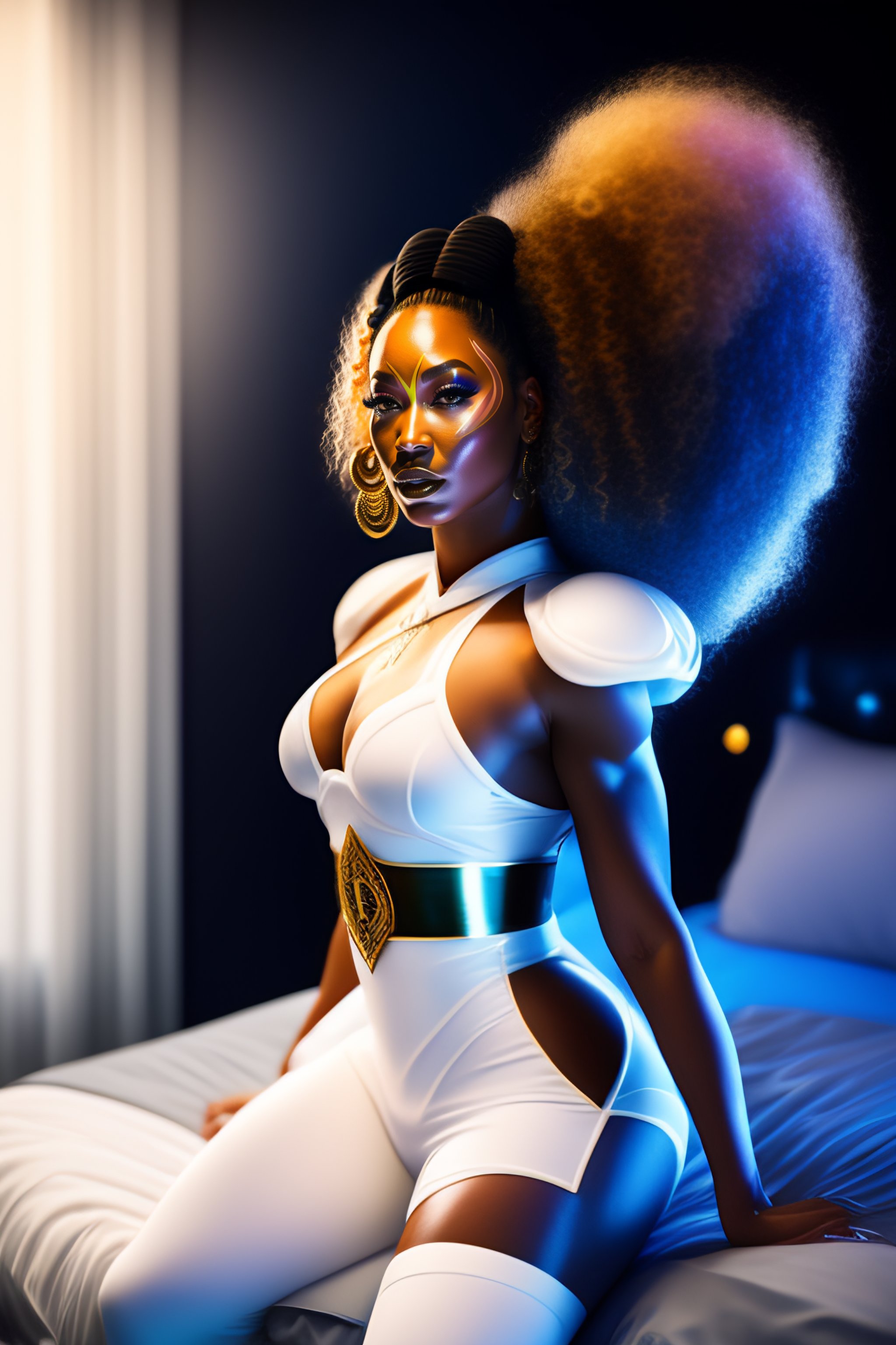 Lexica - Full body beyonce knowles in chun-li street fighter costume,  modern luxury bedroom decor in background, sitting on white and black bed,  volu...