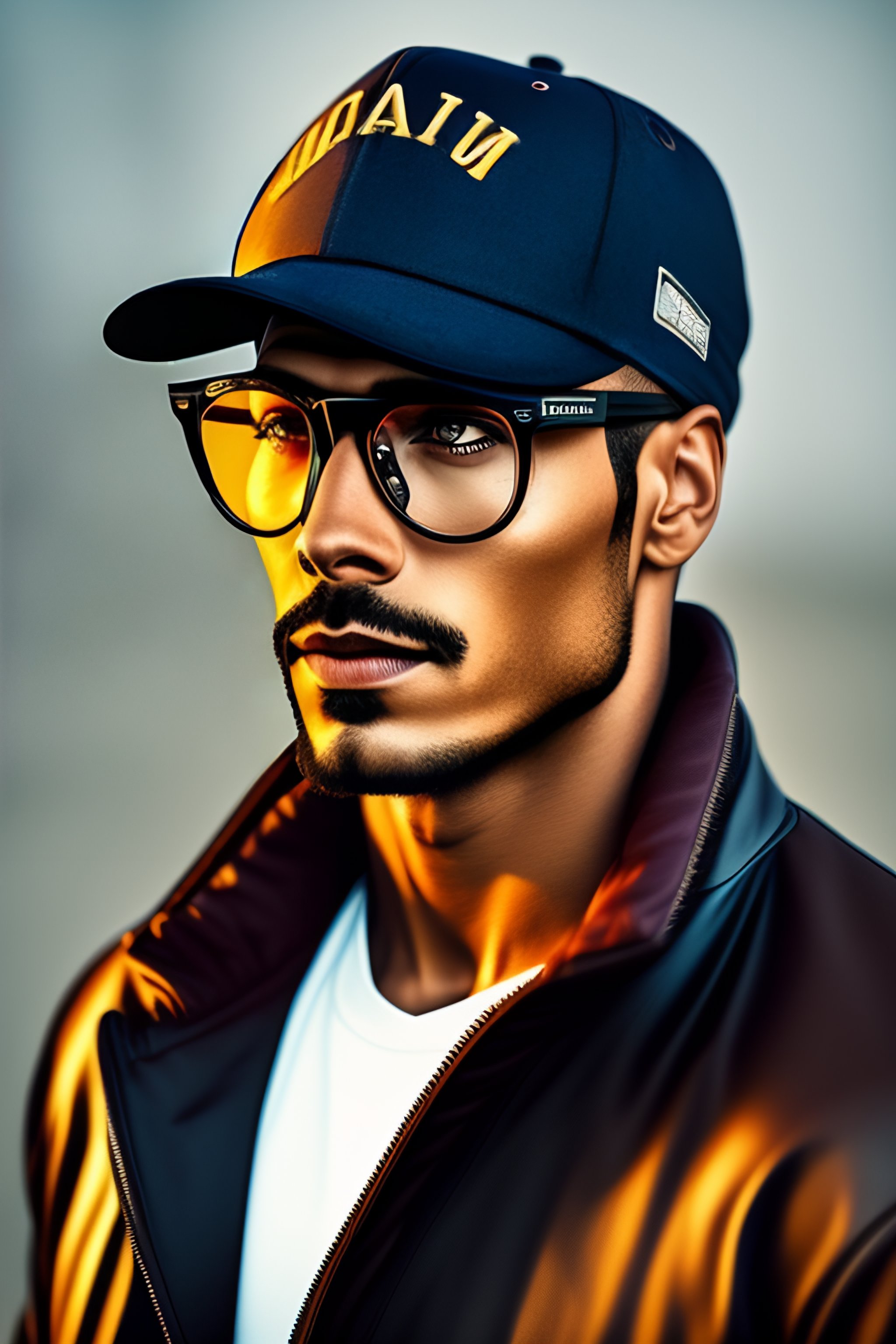 Lexica Picture of a man wearing baseball hat and glasses