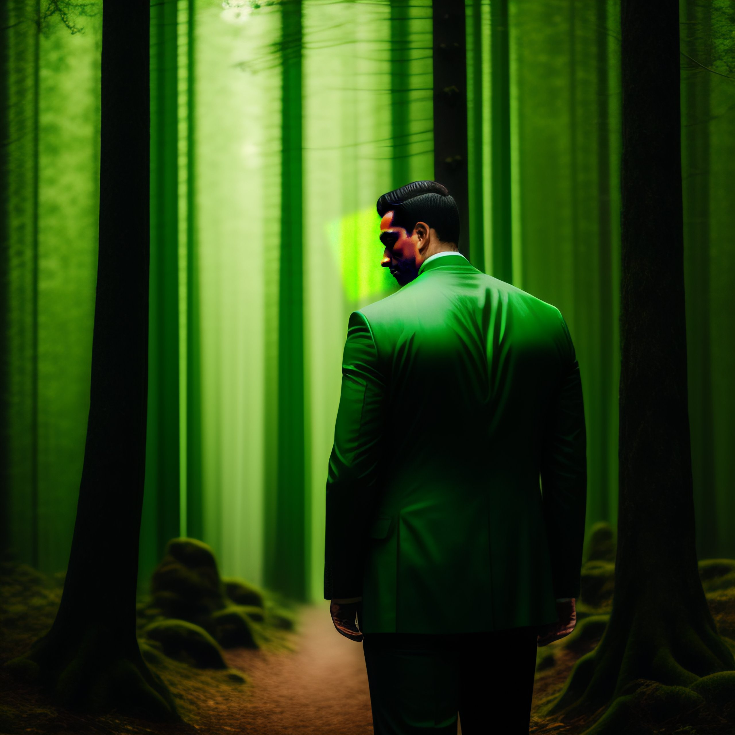 Lexica - A man in a green suit standing in a dimly lit forest