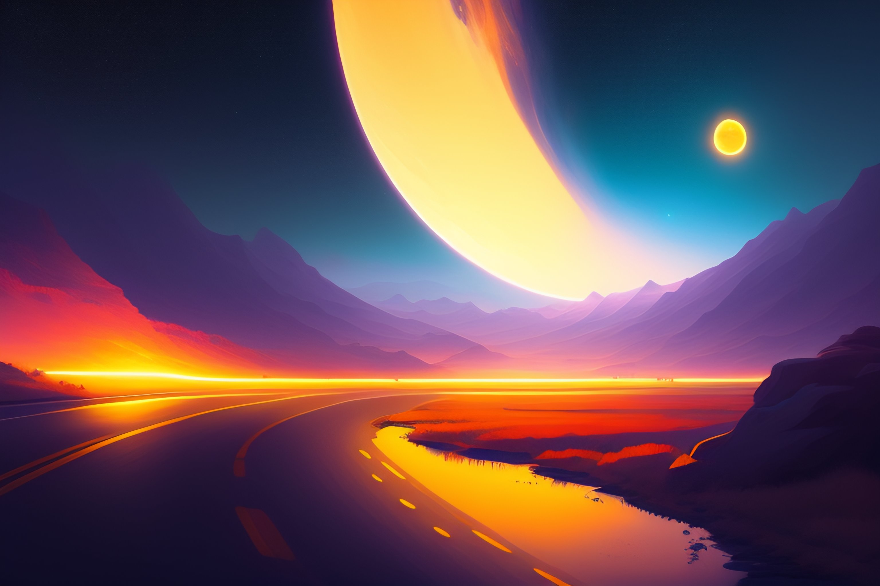 Lexica Roadside, one small yellow sphere floating on shoulder of road