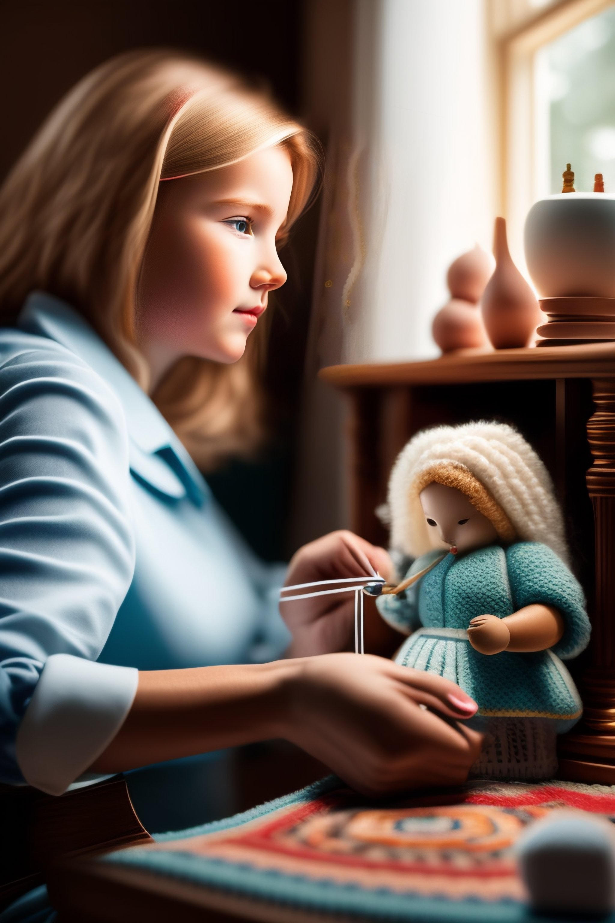 Lexica - A young white woman in the room is sitting and sewing a doll ...