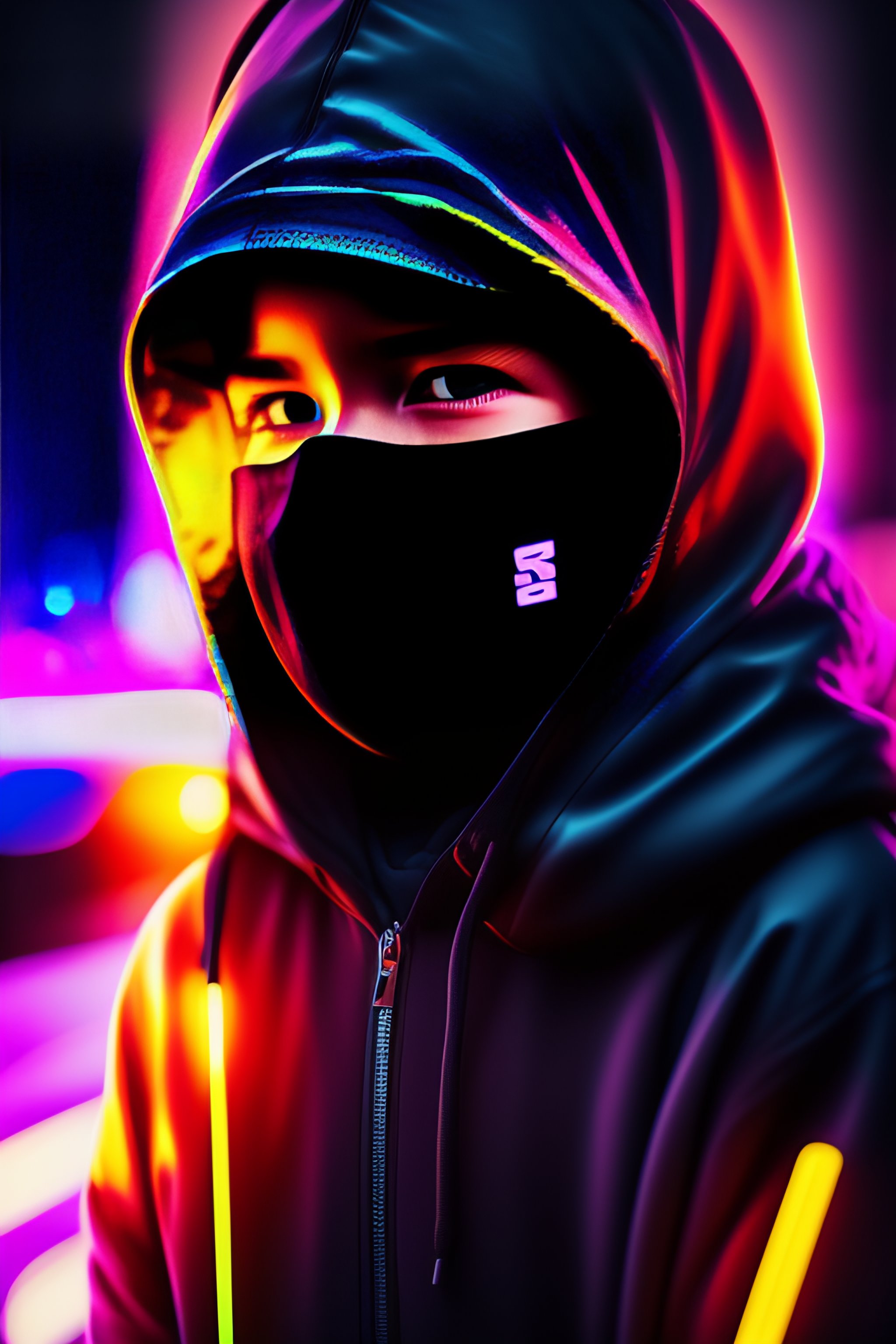 Lexica Boy wearing black mask, hyper glow, anonymous, hacker, neon, black, vector art, hyper